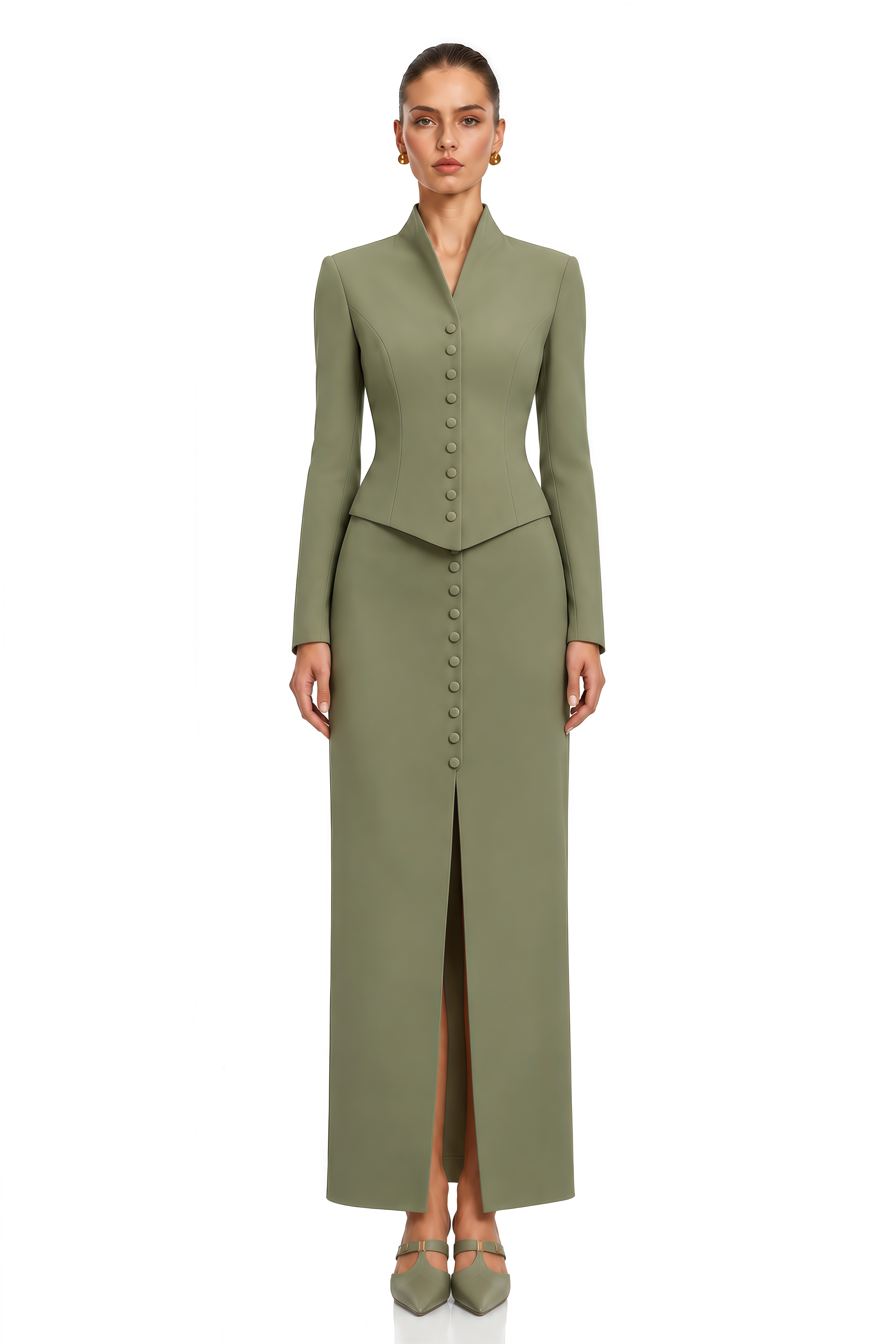 Eleni Green Buttoned Jacket & Maxi Skirt Set