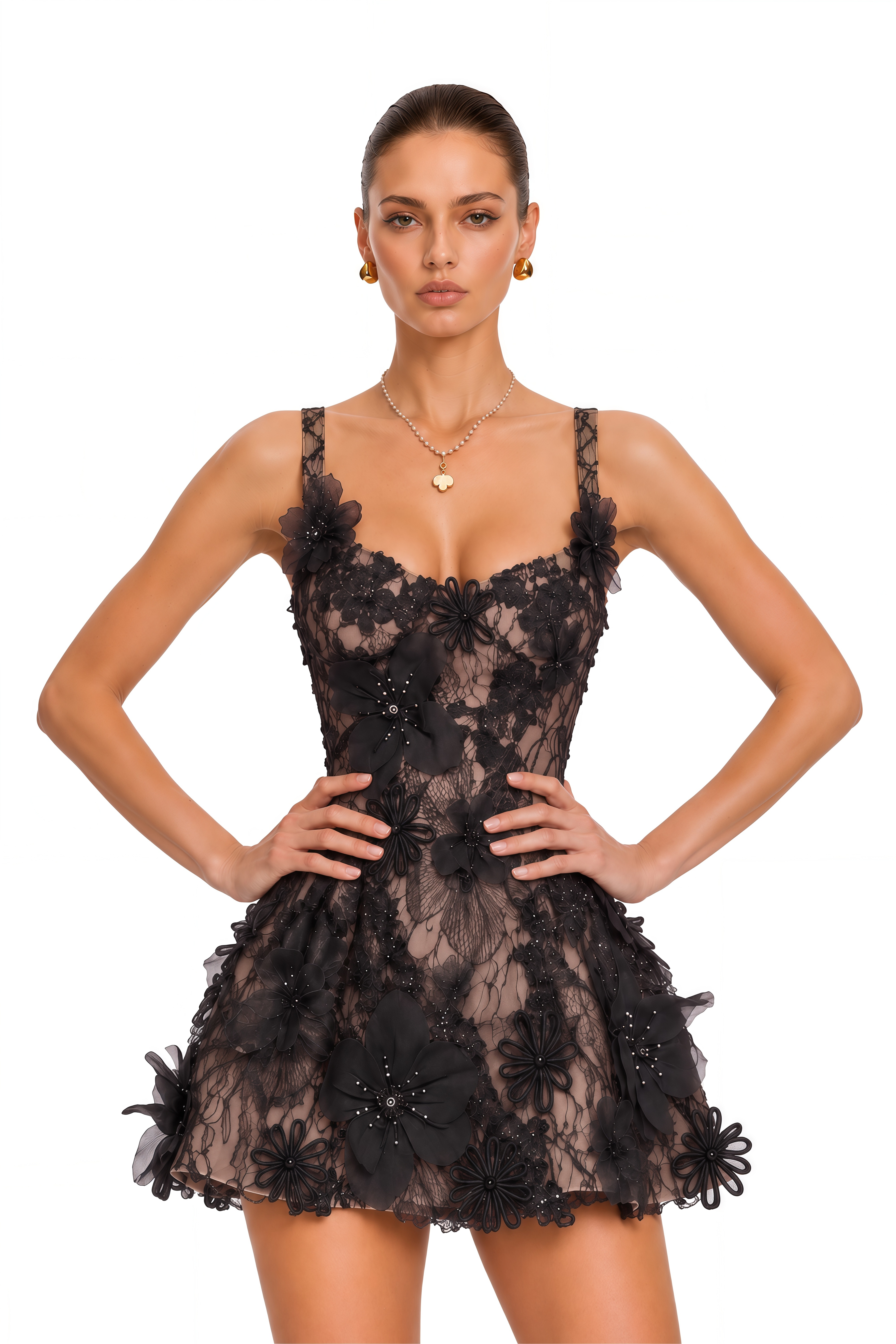 Eleri Black 3D Floral Lace Corset Mini Dress