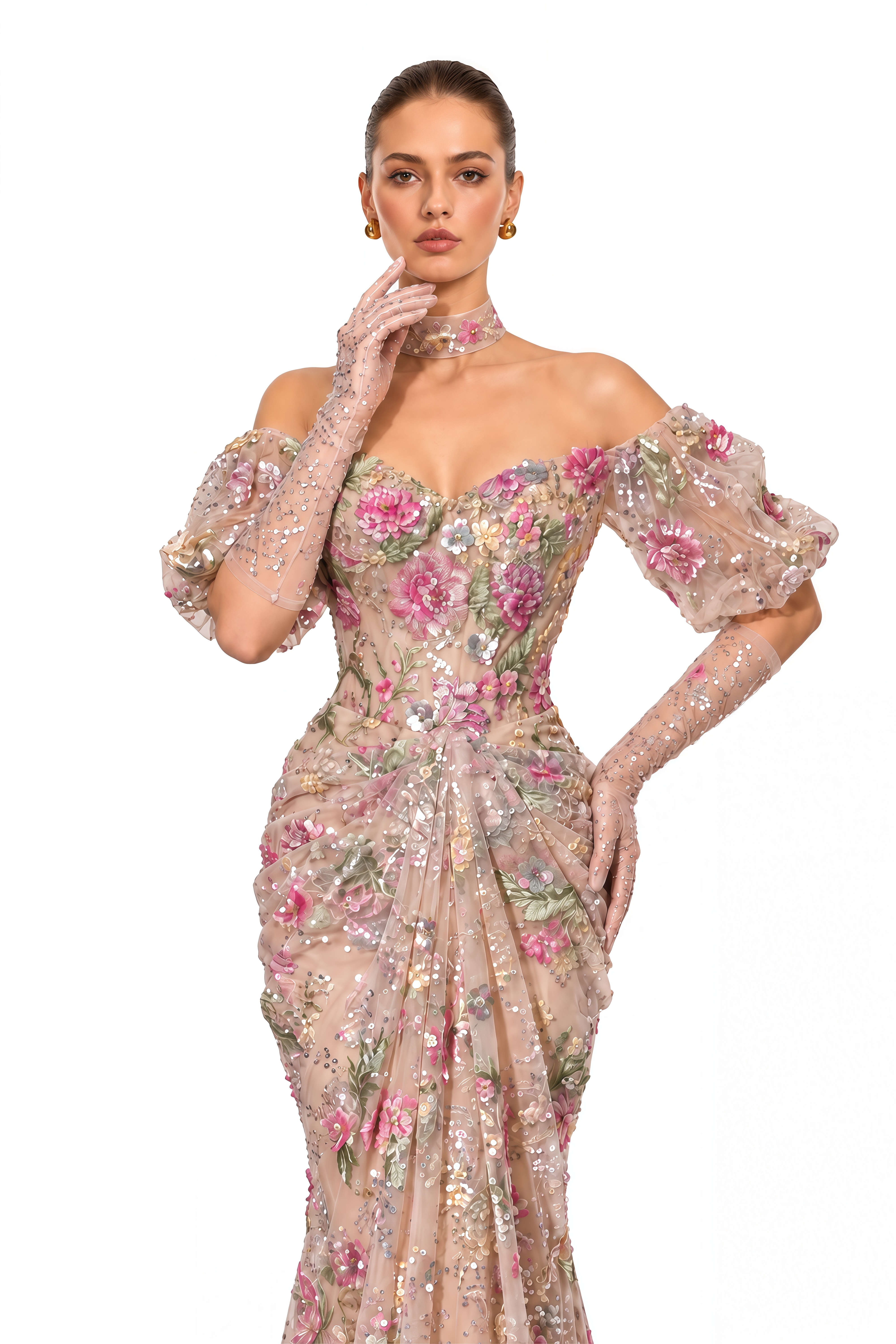 Elysia Pink Floral Embellished Off Shoulder Maxi Gown