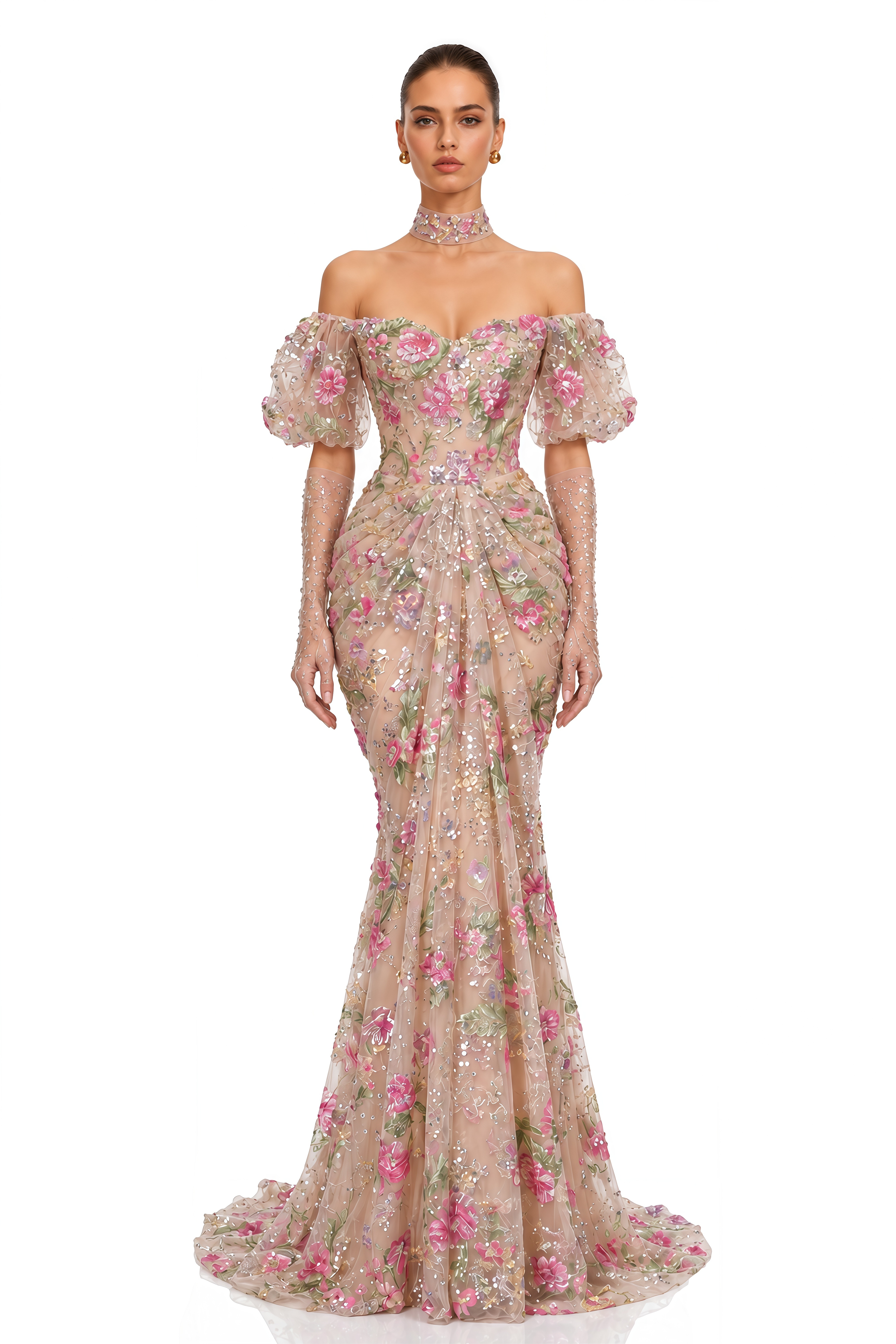 Elysia Pink Floral Embellished Off Shoulder Maxi Gown