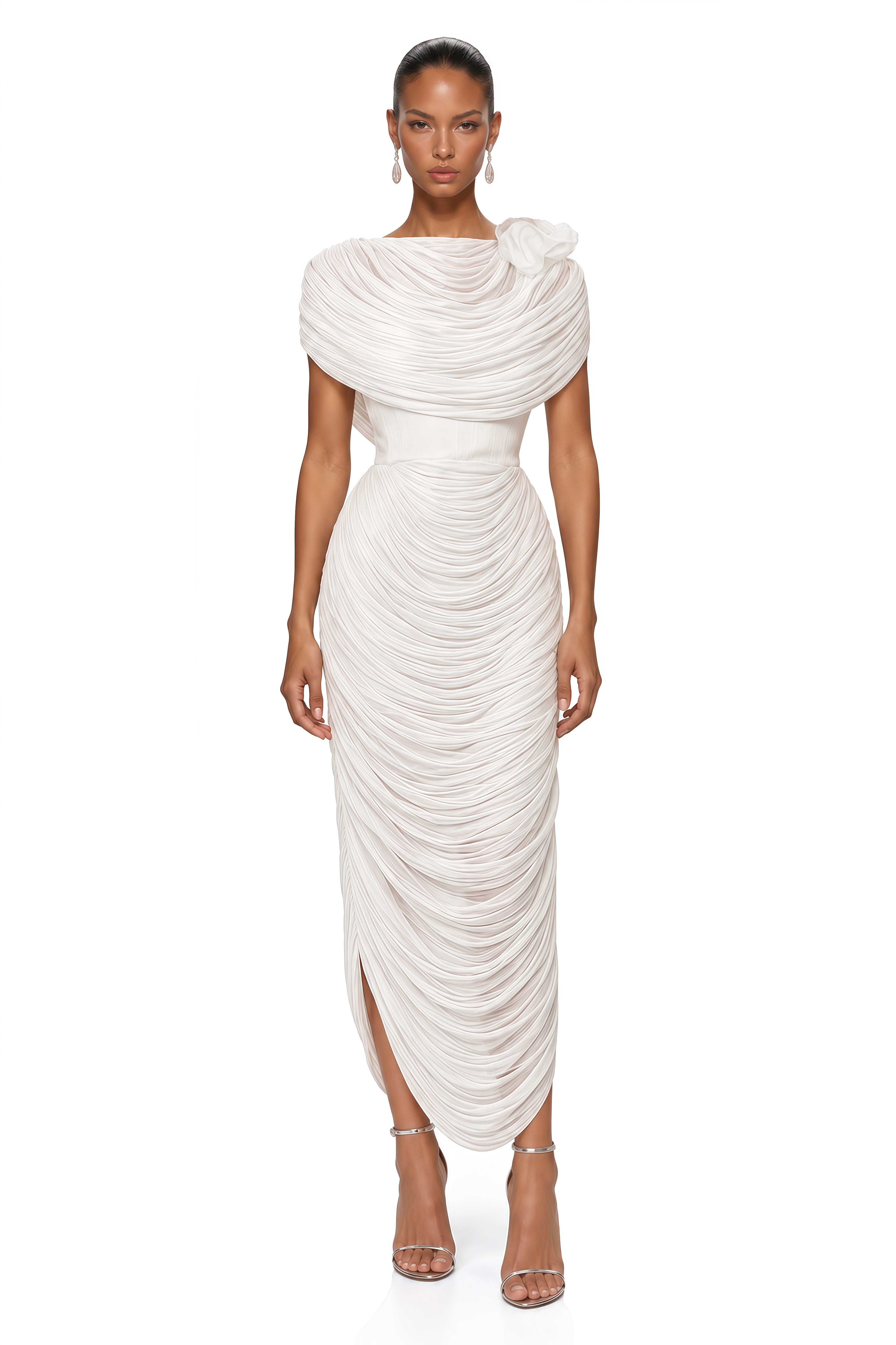 Elysia White Draped Shawl & Strapless Midi Dress Set