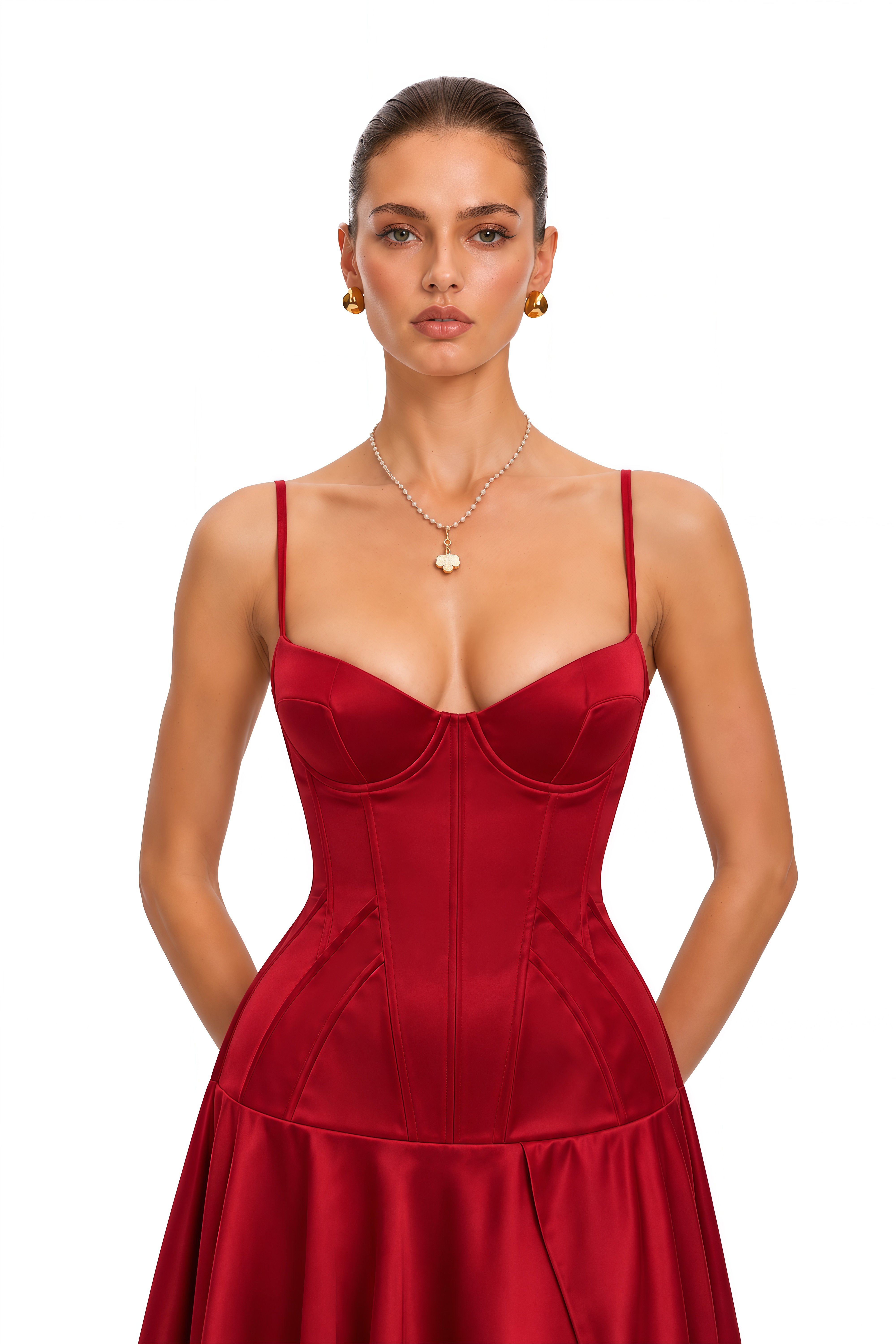 Evadne Red Satin Corset High-Low Maxi Dress
