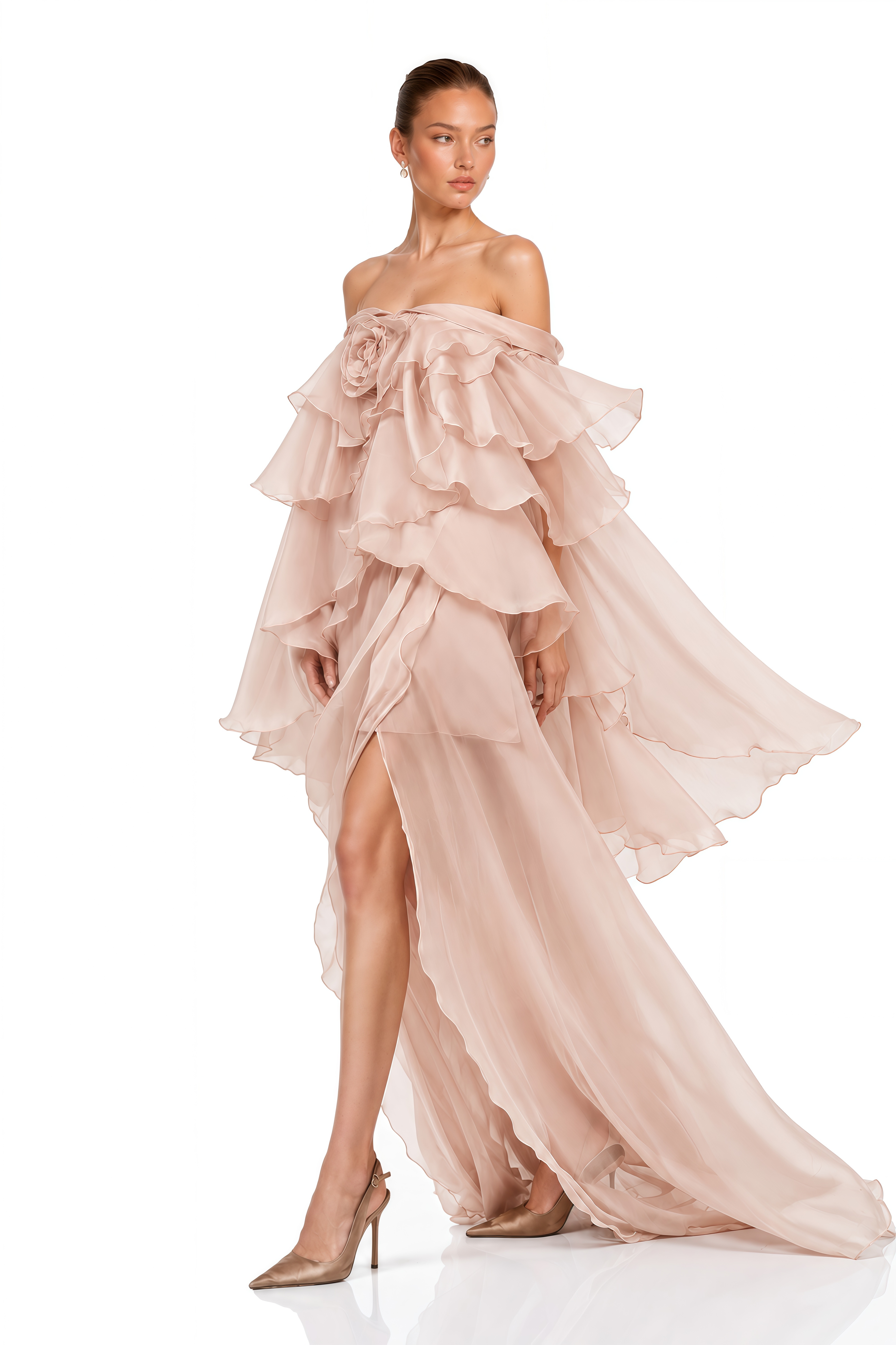 Floriana Blush Pink 3D Floral Ruffle Maxi Dress