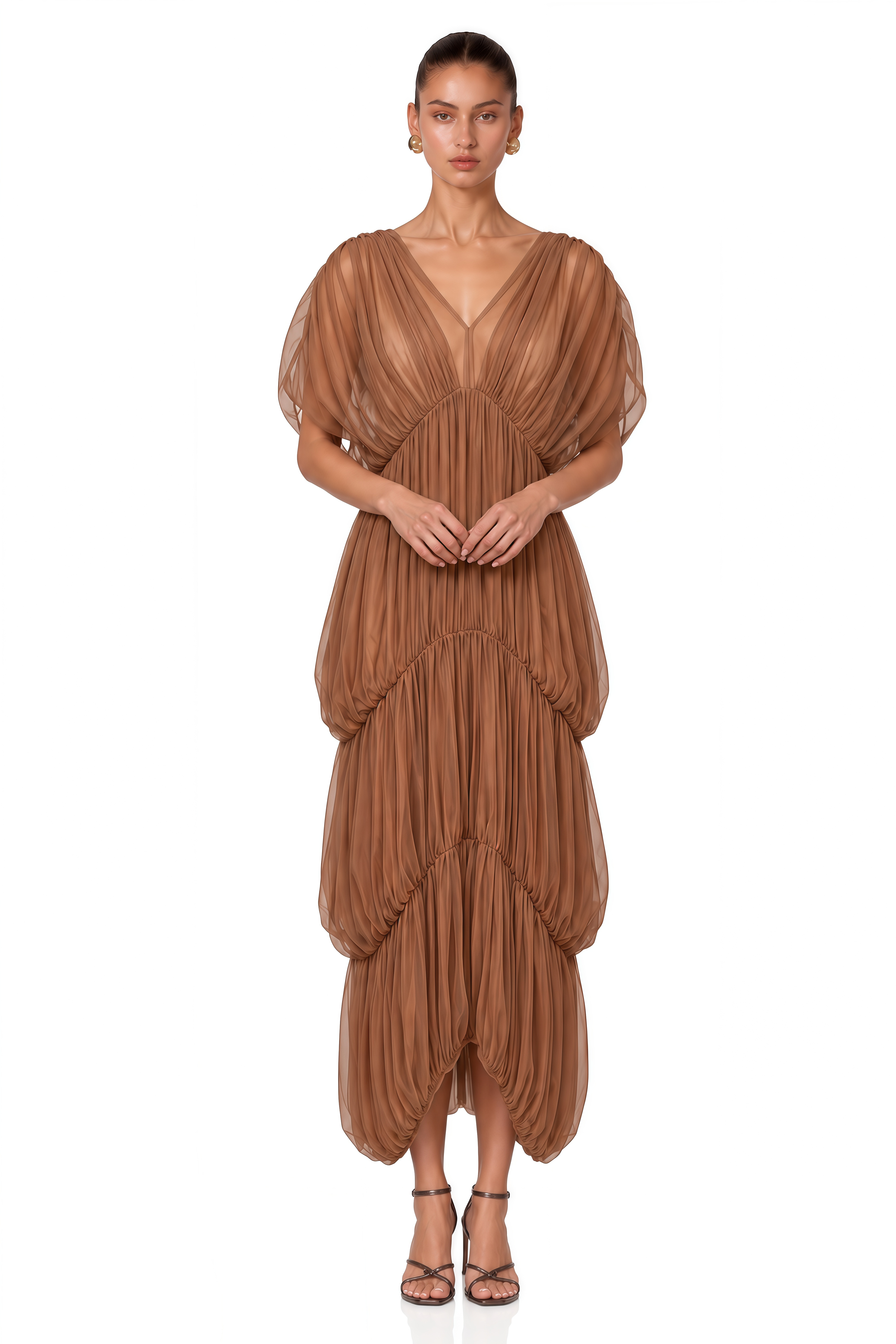 Gracie Brown Plunge Pleated Draped Maxi Dress