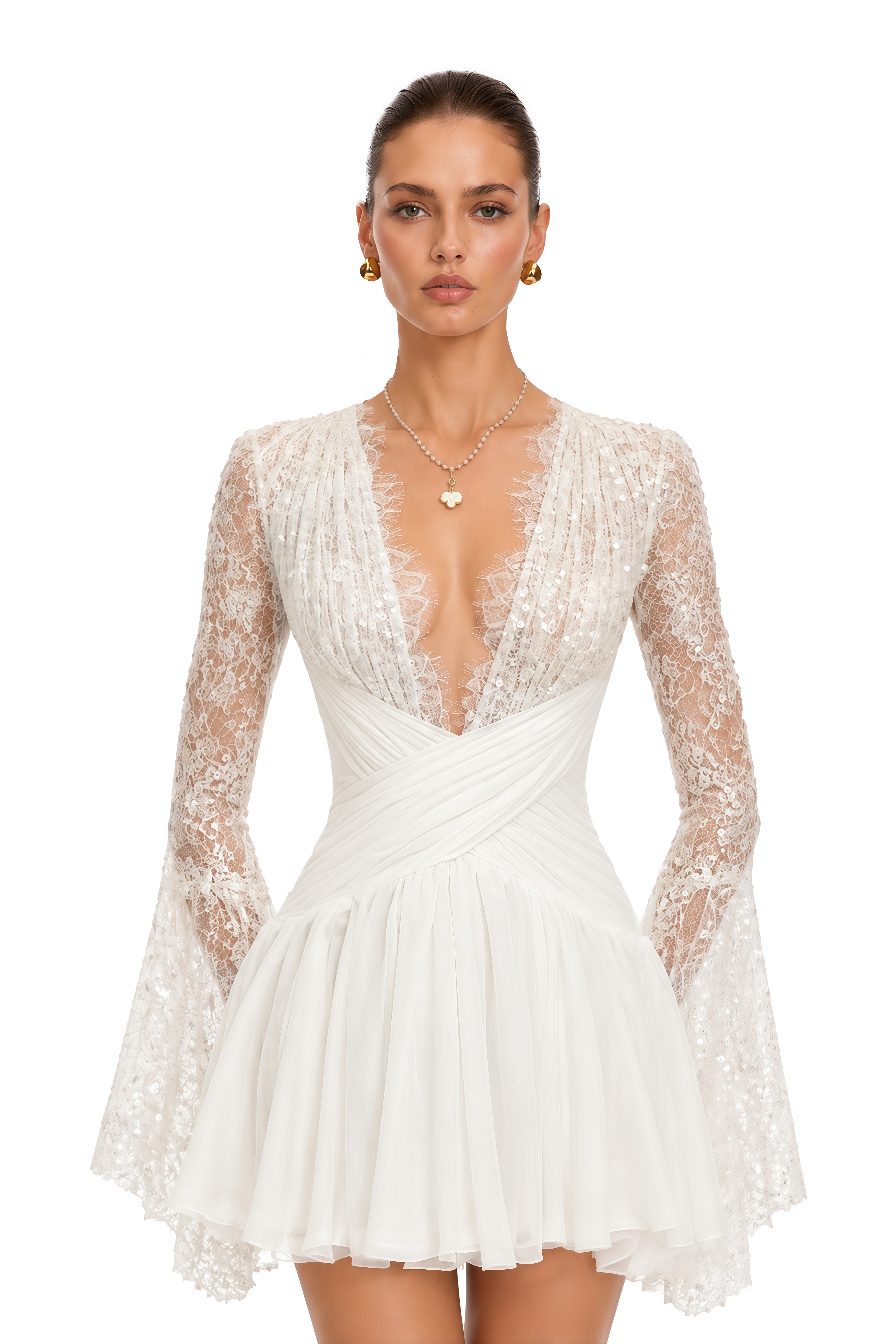Leontine Ivory Lace Plunge Draped Mini Dress