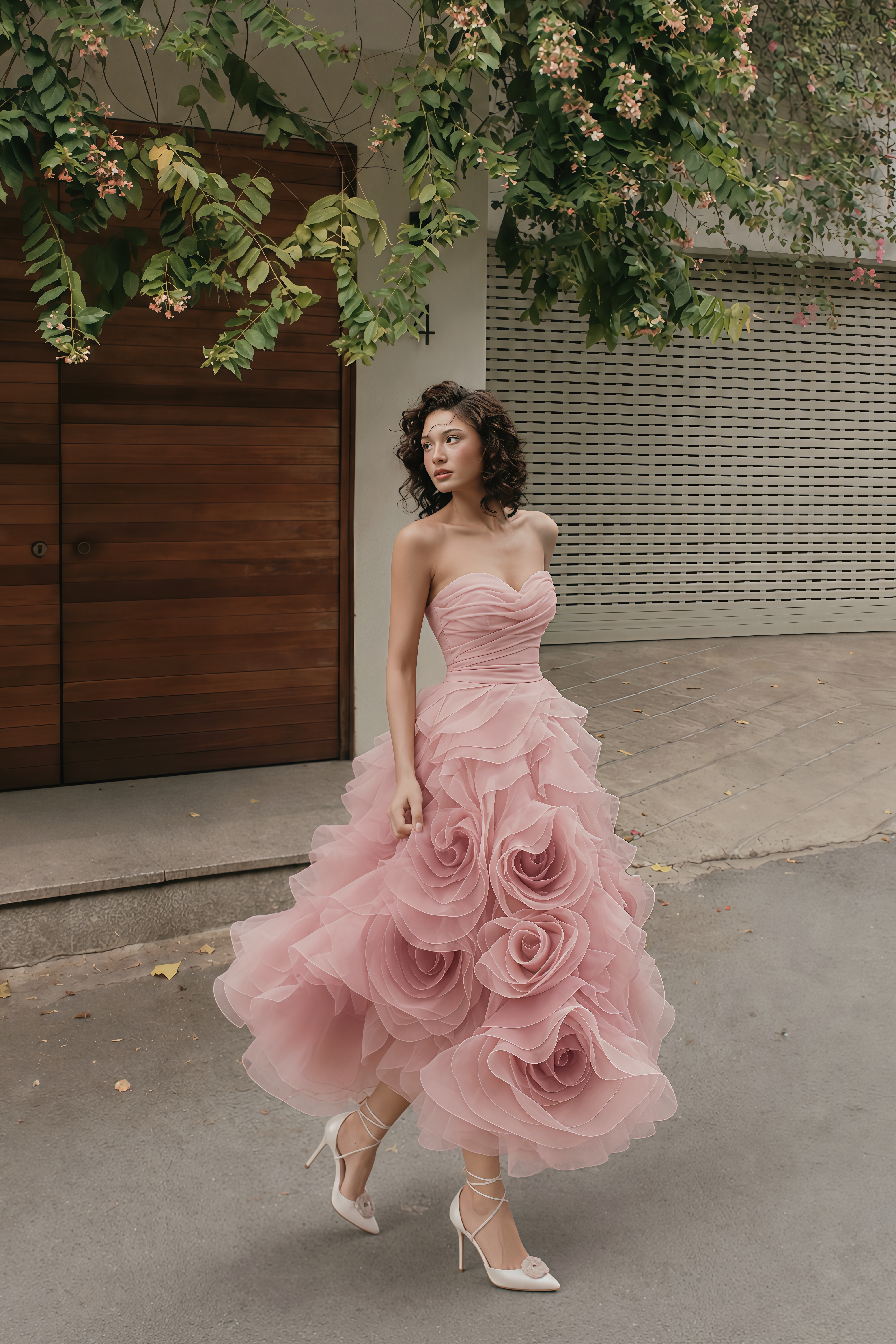 Marwa Pink 3D Floral Ruffled Tulle Midi Dress