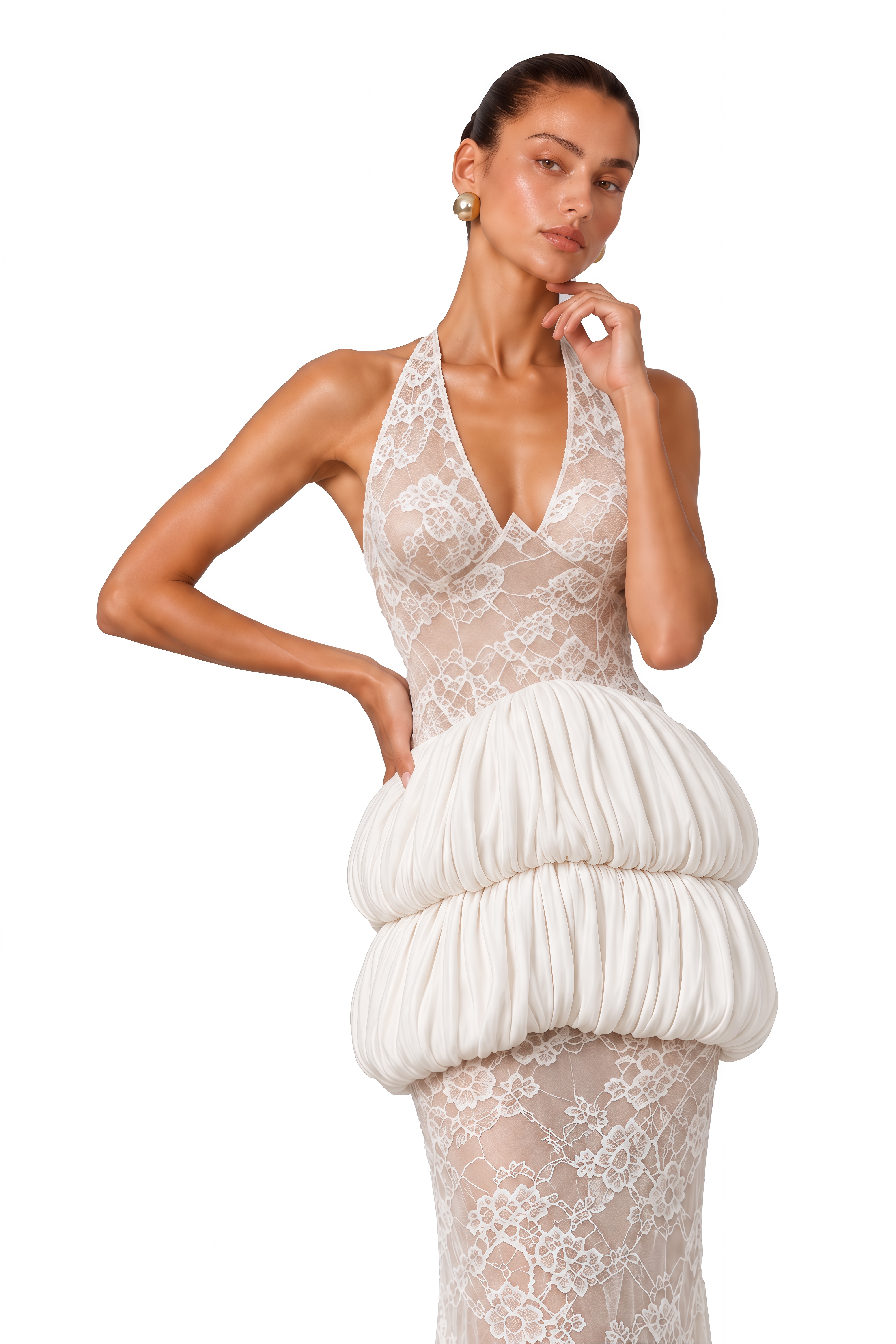 Raya Ivory Lace Halterneck Peplum Maxi Dress