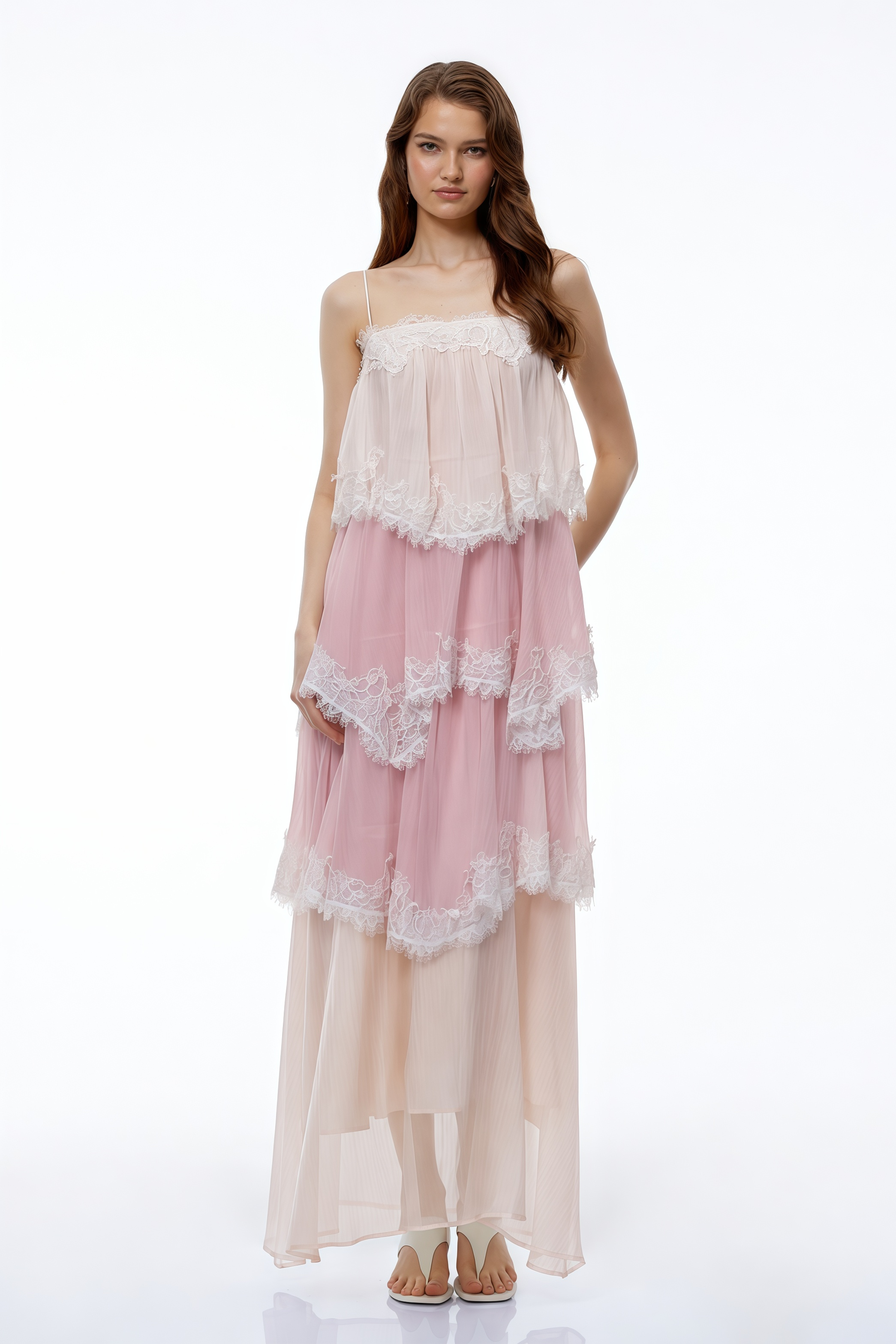 Rhema Blush Pink Tiered Maxi Dress with Lace Trim
