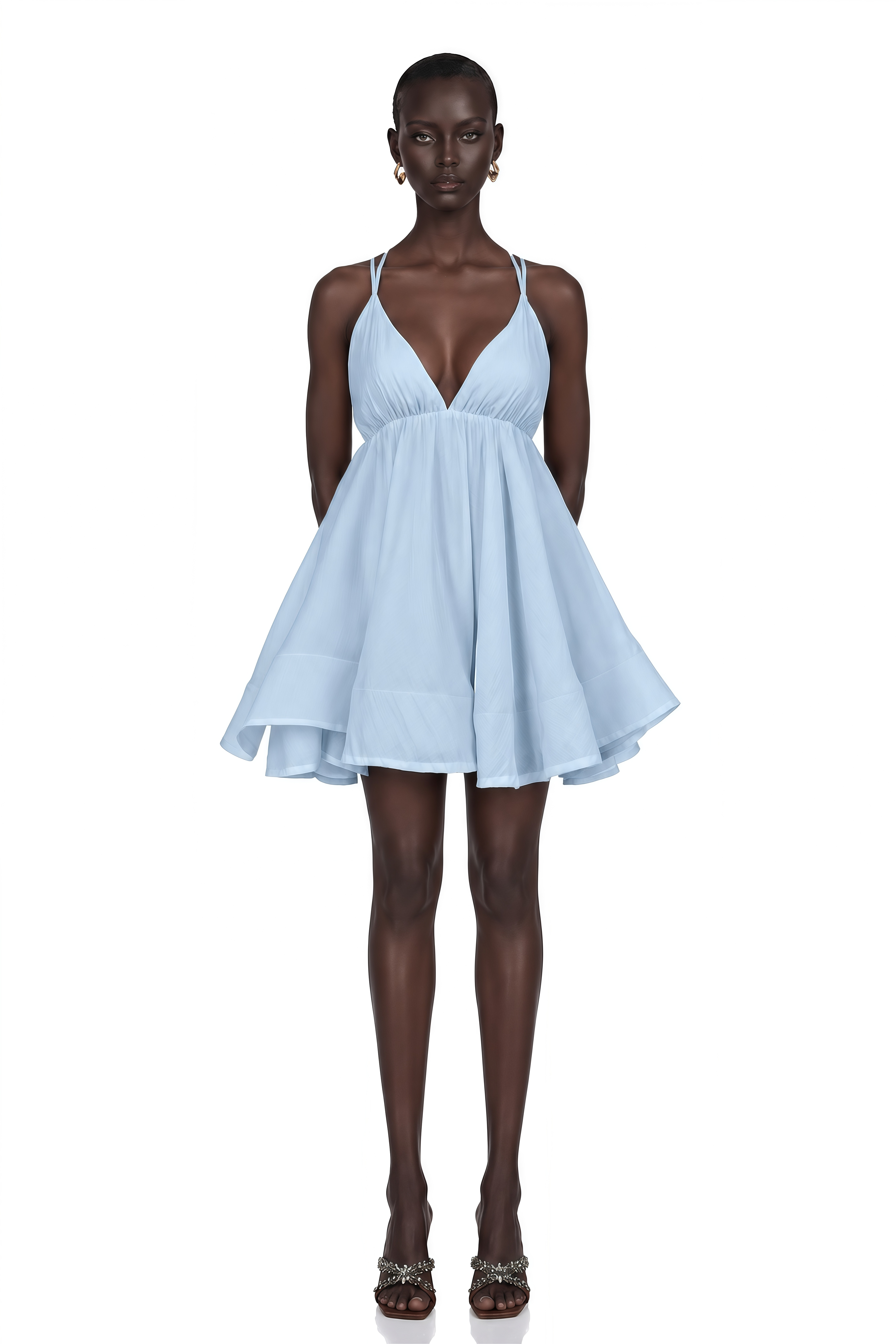 Quincie Blue Shirred Flounced Mini Dress