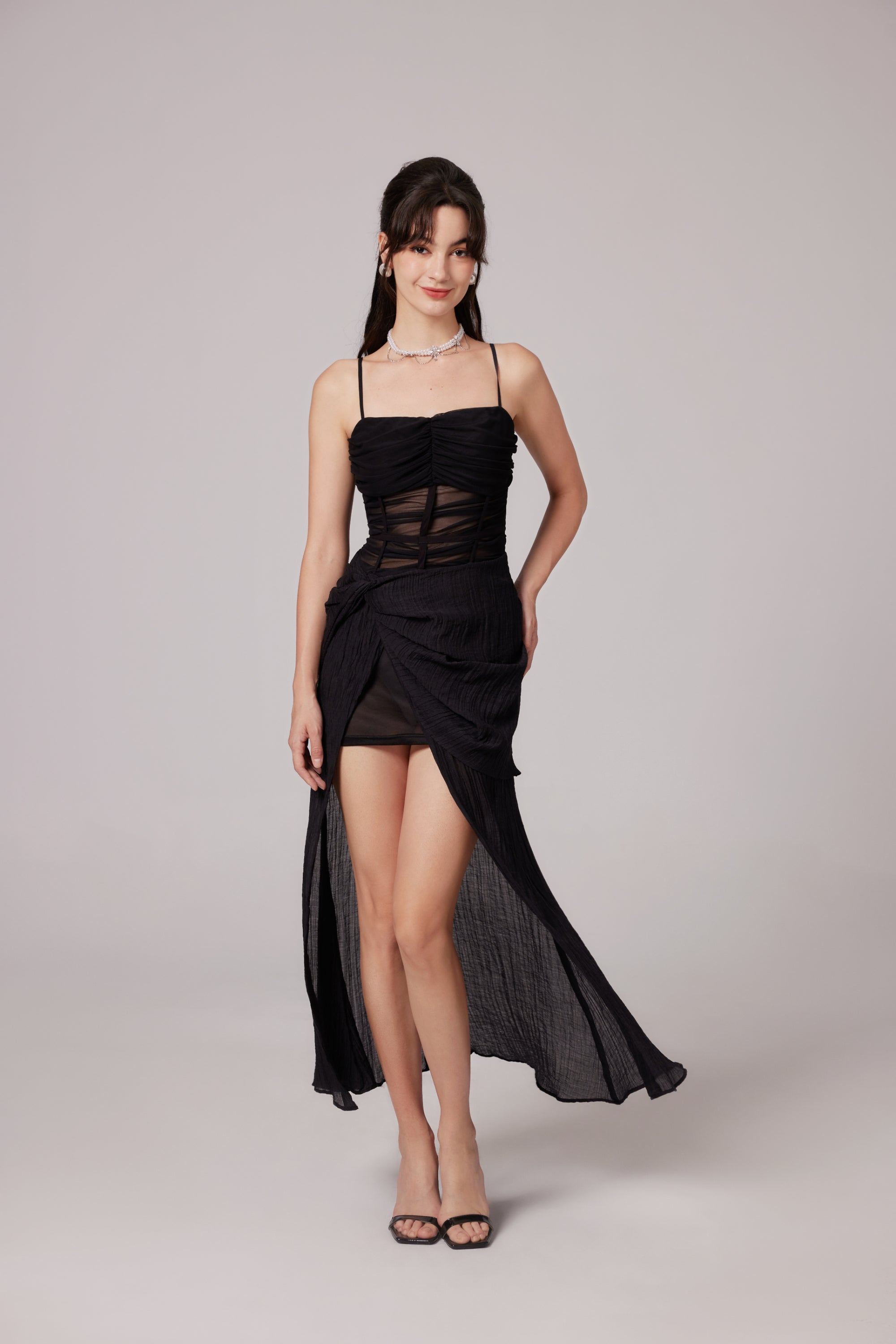 Guinevere black sheer asymmetric midi dress