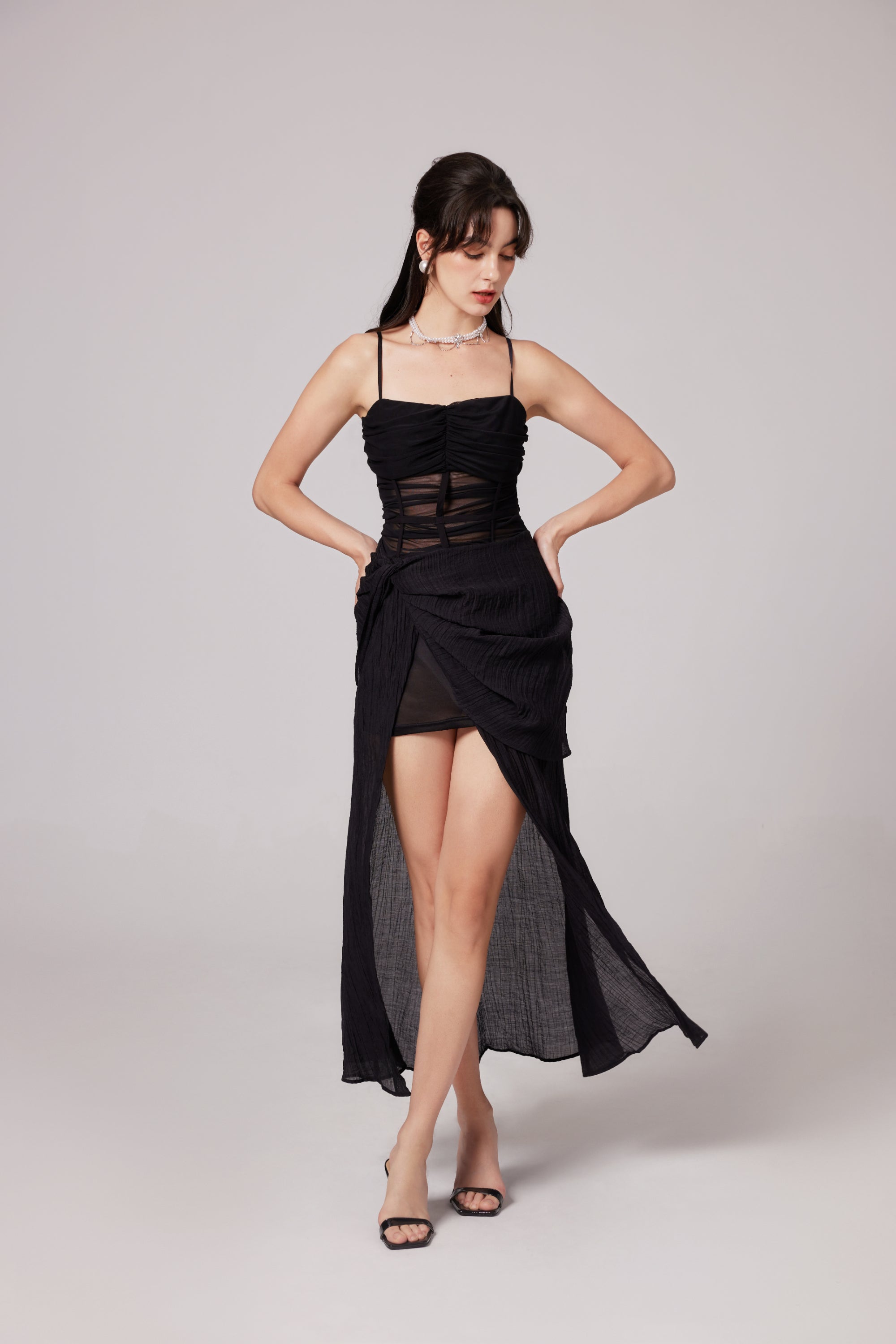 Guinevere black sheer asymmetric midi dress