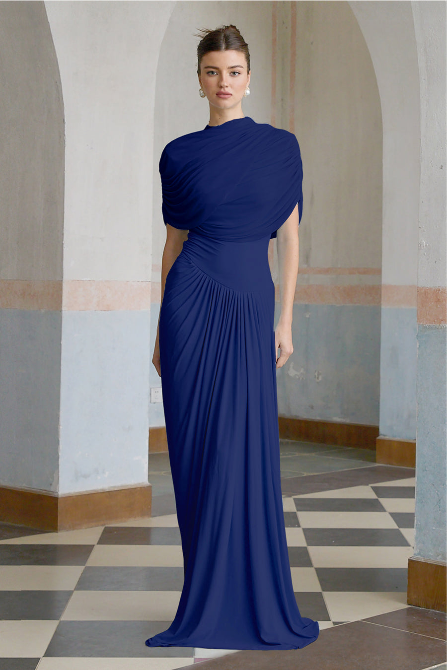 Asymmetrical Pleated Maxi Dress Navy