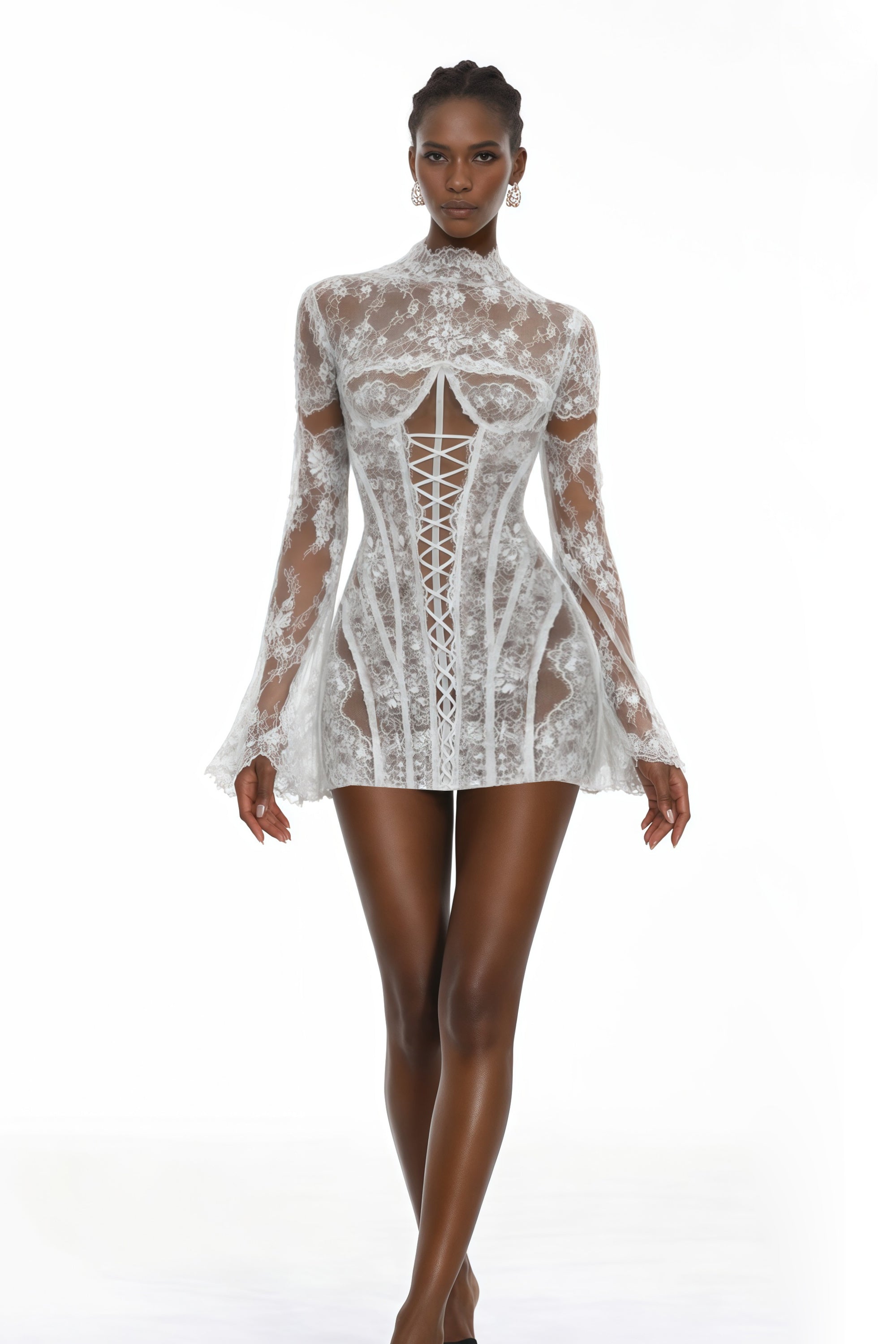 White Semi-Sheer Floral Lace Mini Dress