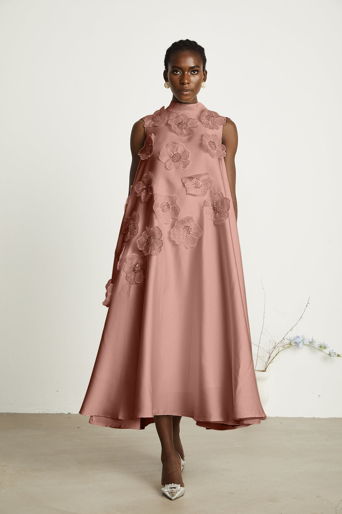 Sleeveless Floral Applique Midi Dress