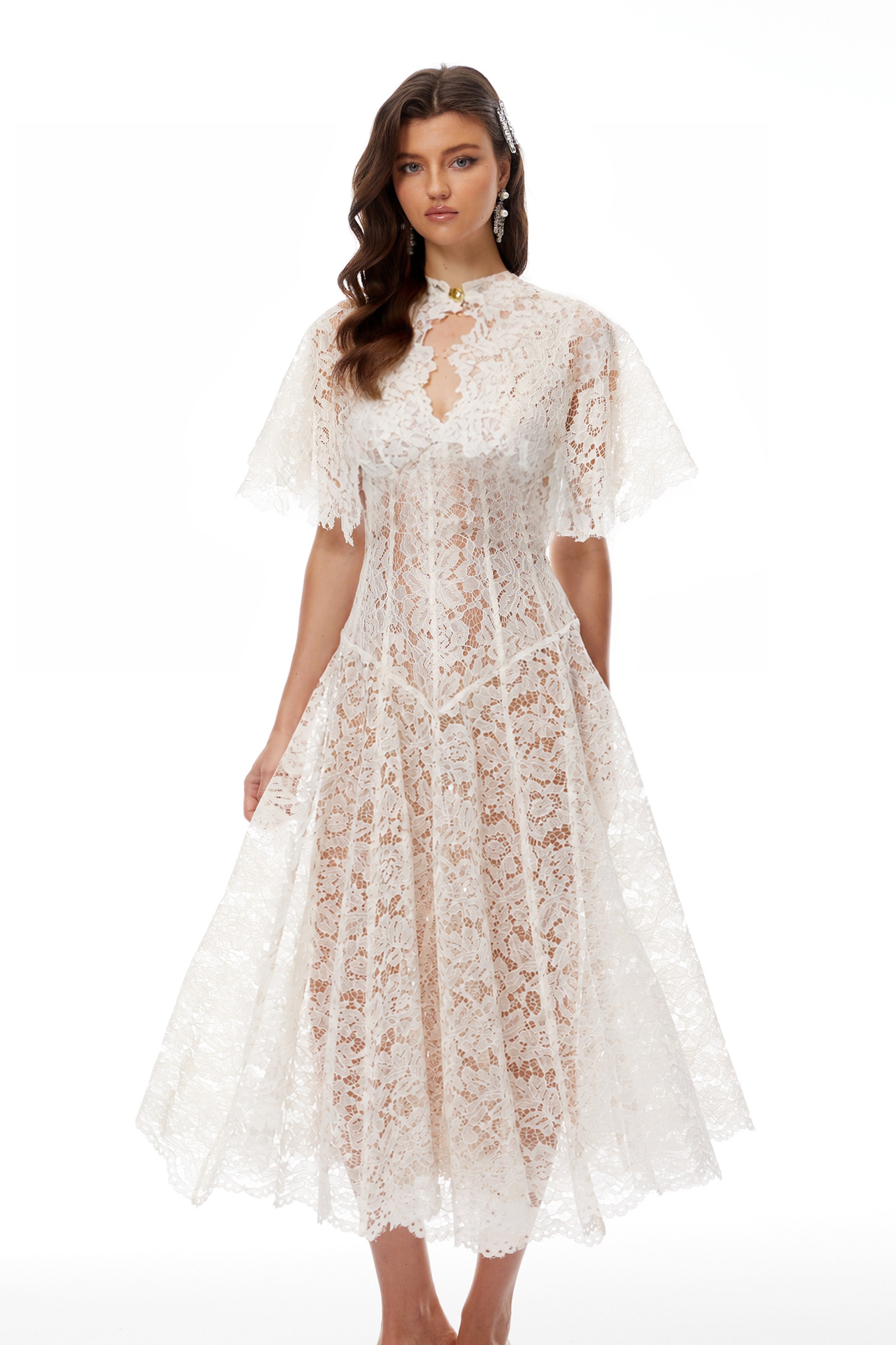 Alaia White Cape Design Floral Lace Midi Dress (Final Sale-US Only)