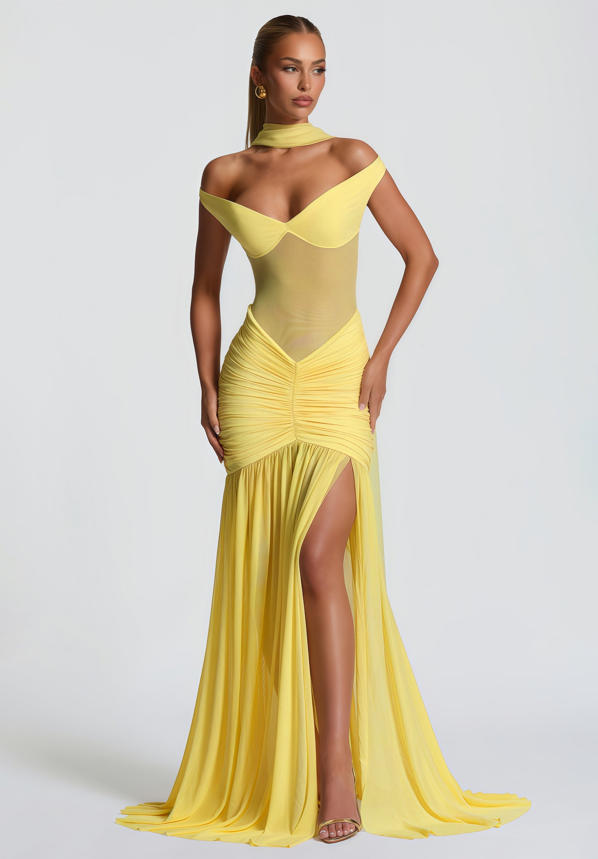 Geneviève Yellow Off Shoulder Ruched Maxi Dress