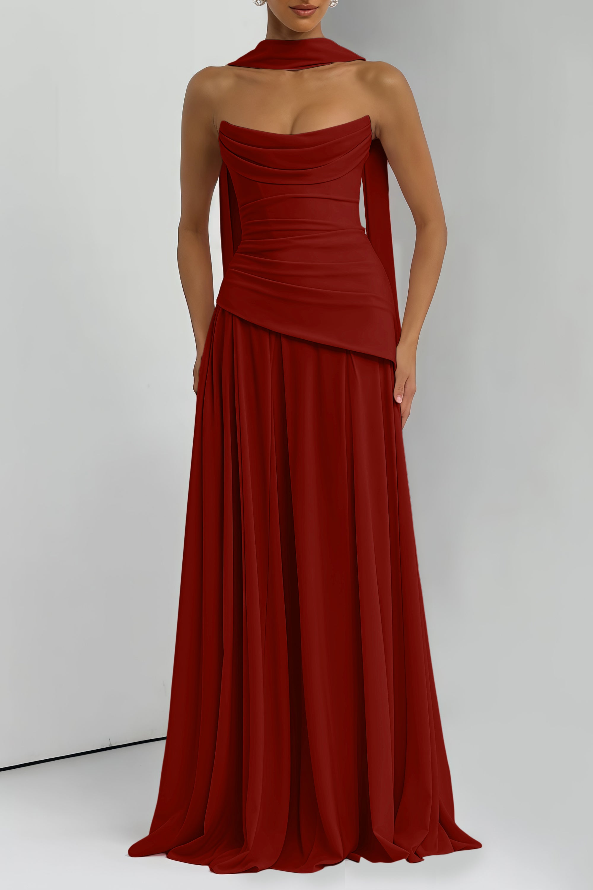 Romane Burgundy Strapless Corset Chiffon Maxi Dress