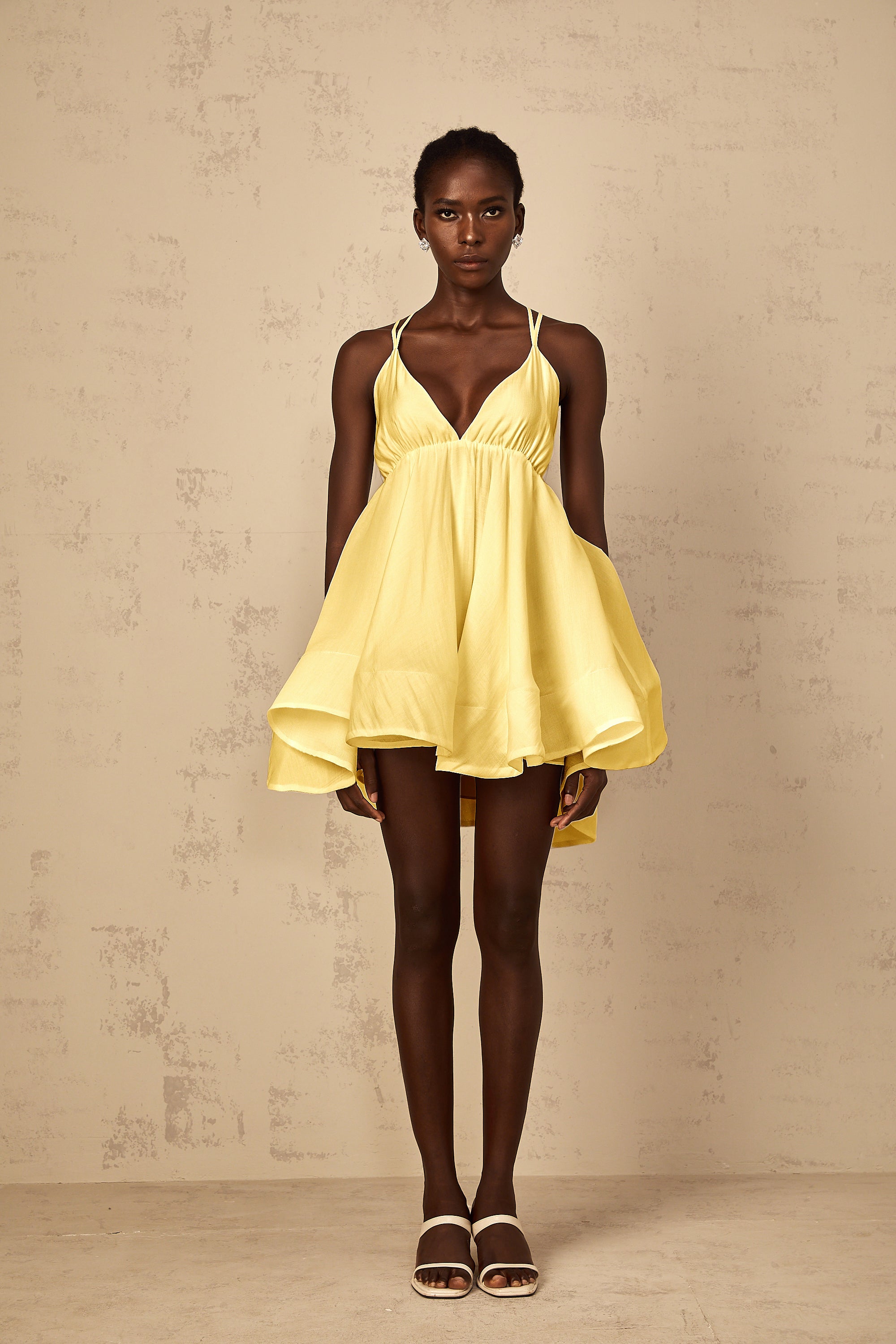 Quincie Yellow Shirred Flounced Mini Dress