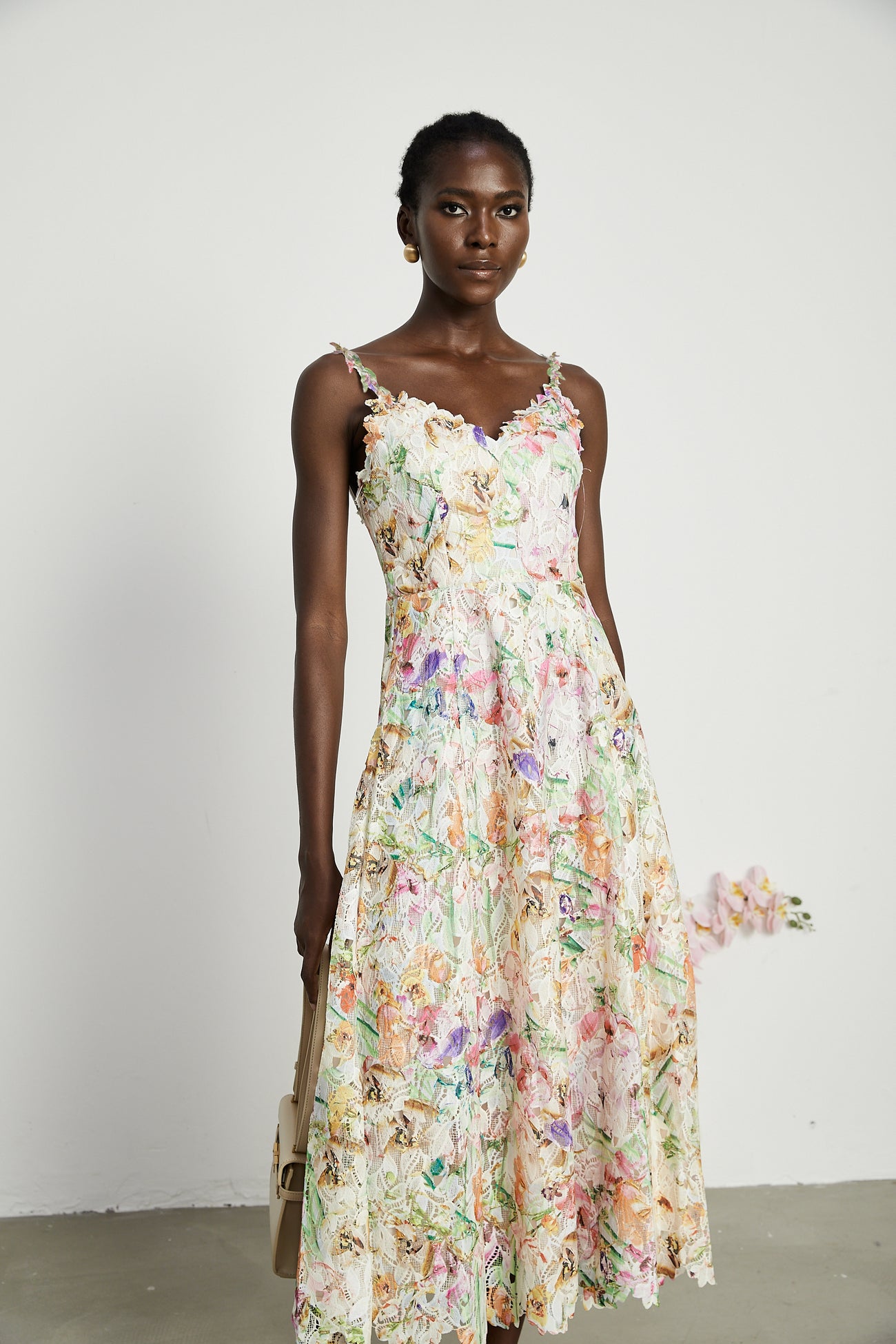 Flora Embroidered-Denim and Lace Midi Dress