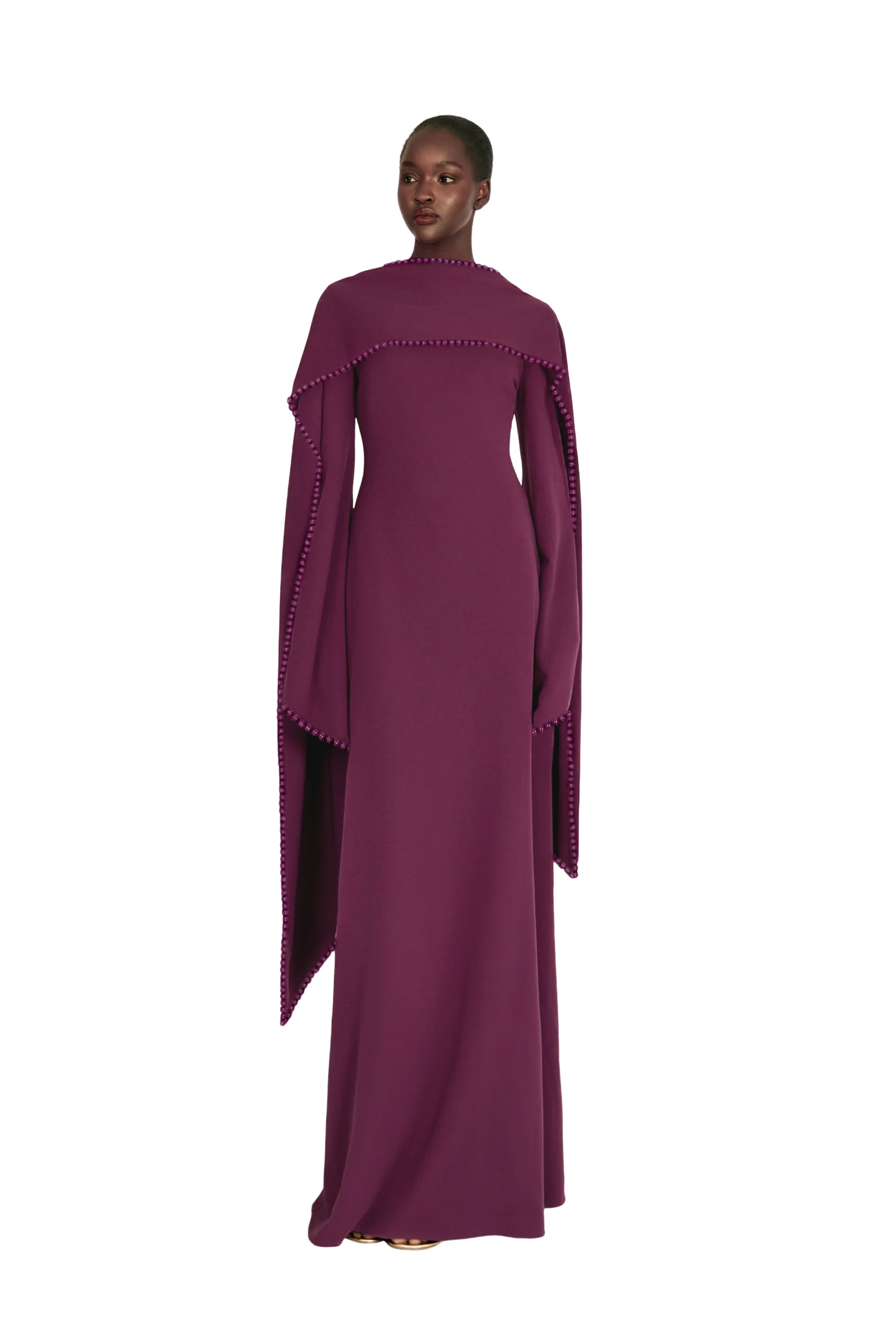 Piroska Purple Pearl Trim Shawl Detail Maxi Dress