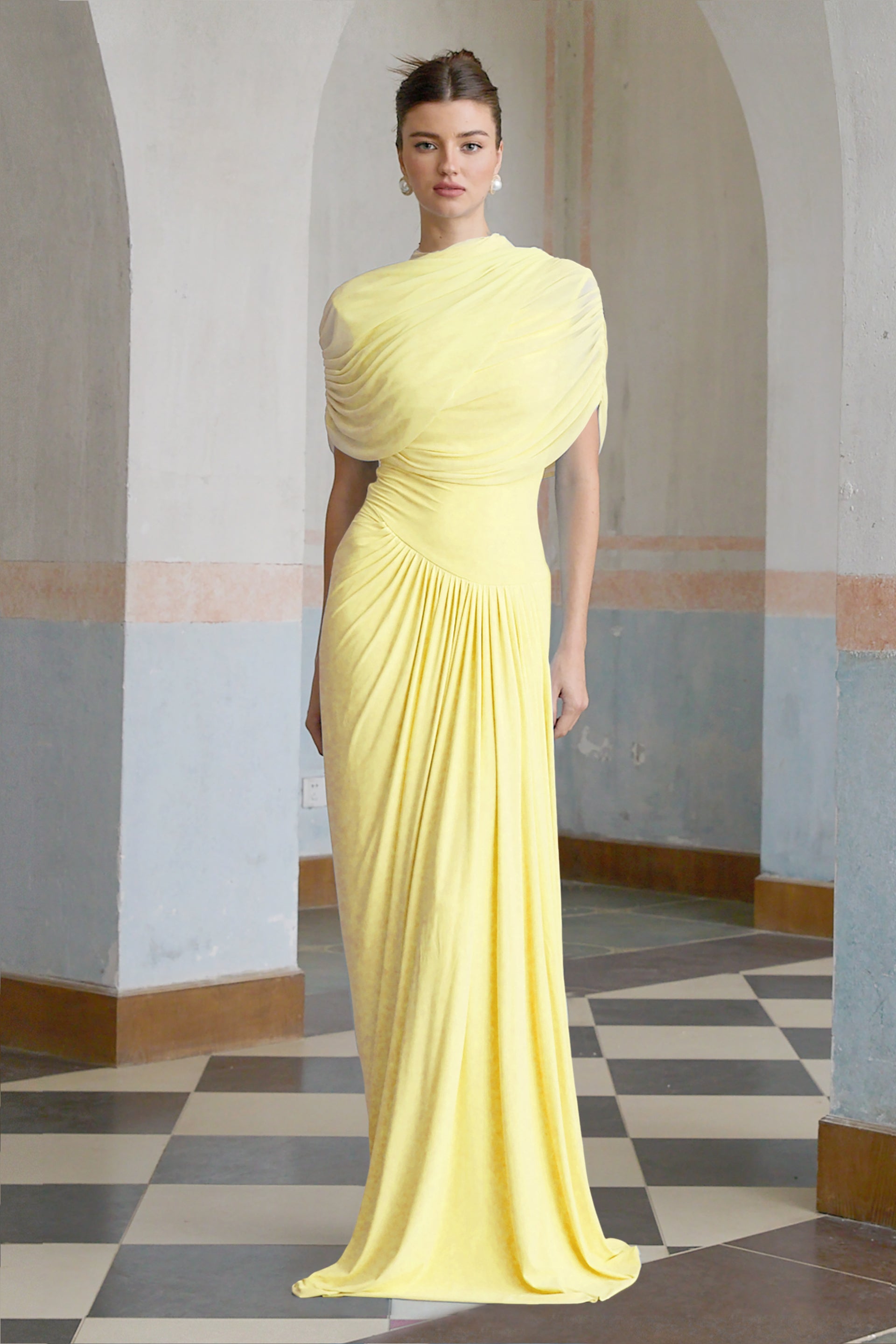 mustard asymmetric drape detail maxi dress Catherine asymmetrical pleated maxi dress in Yellow