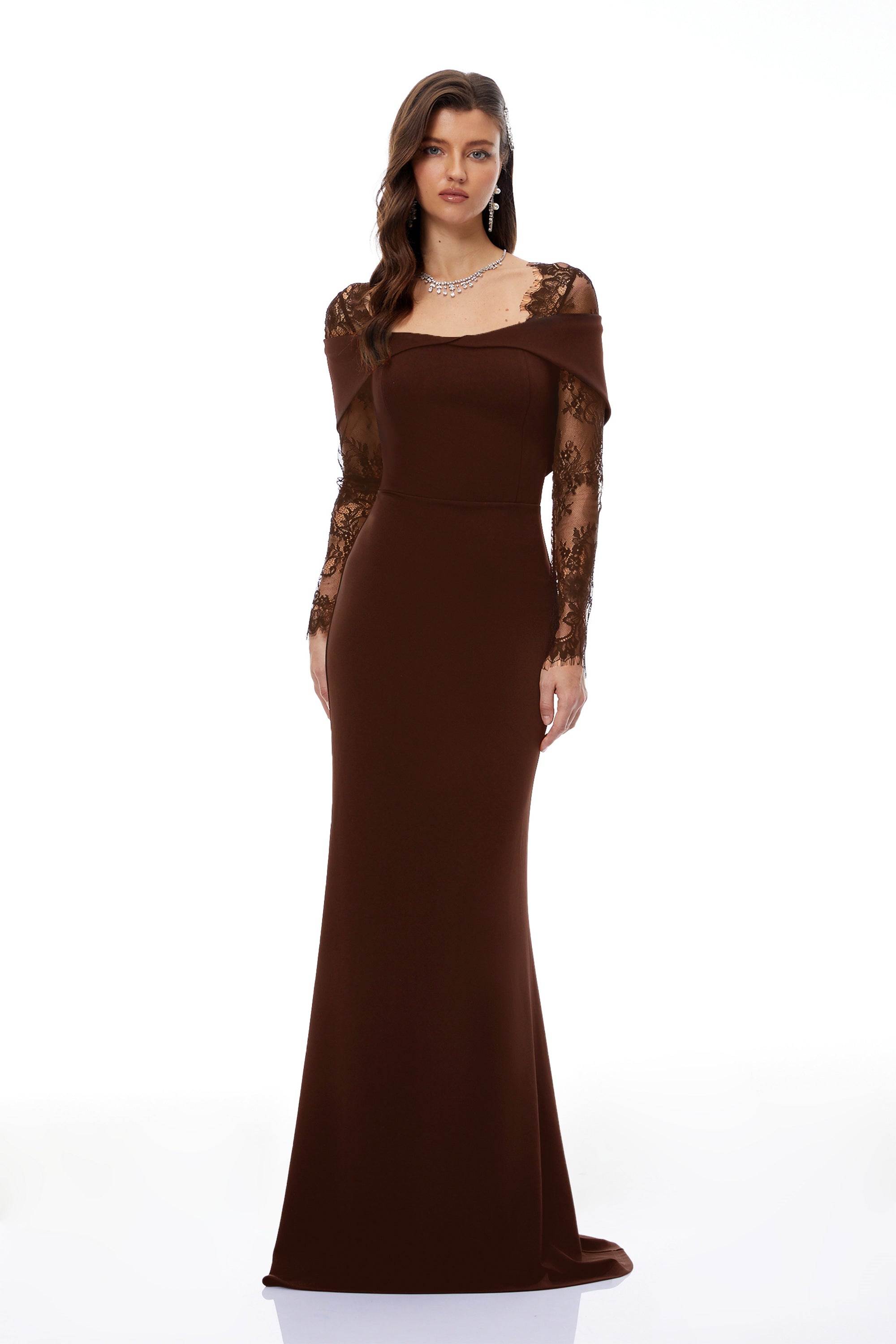 Georgiana Brown Lace Panel Flared Maxi Gown