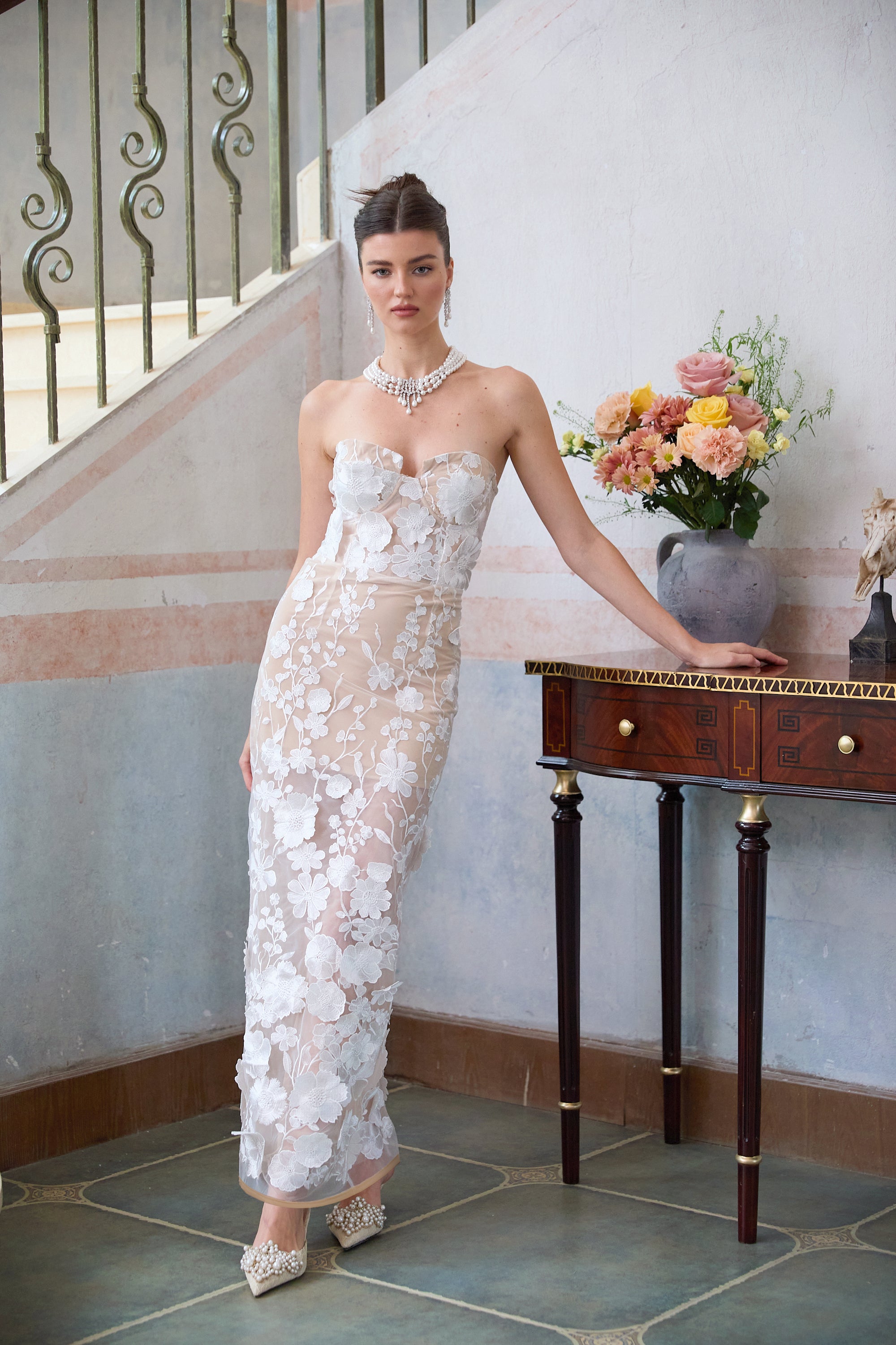 Brigitte White Floral Appliqué Corset Maxi Dress