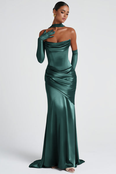 Marilou Green Ruched Satin Maxi Dress