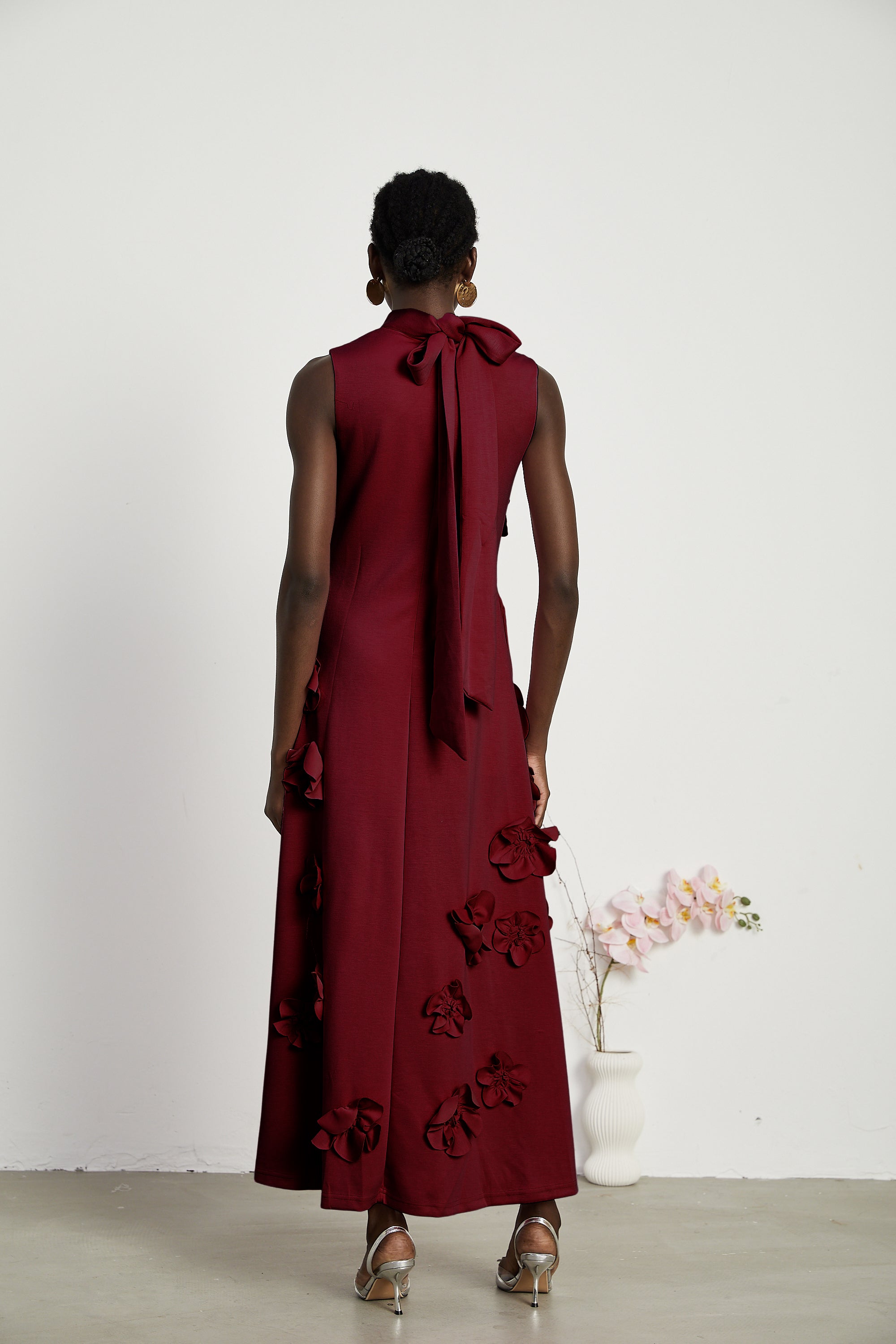 Magali bow-tie faux-flower embellished sleeveless maxi dress in Red