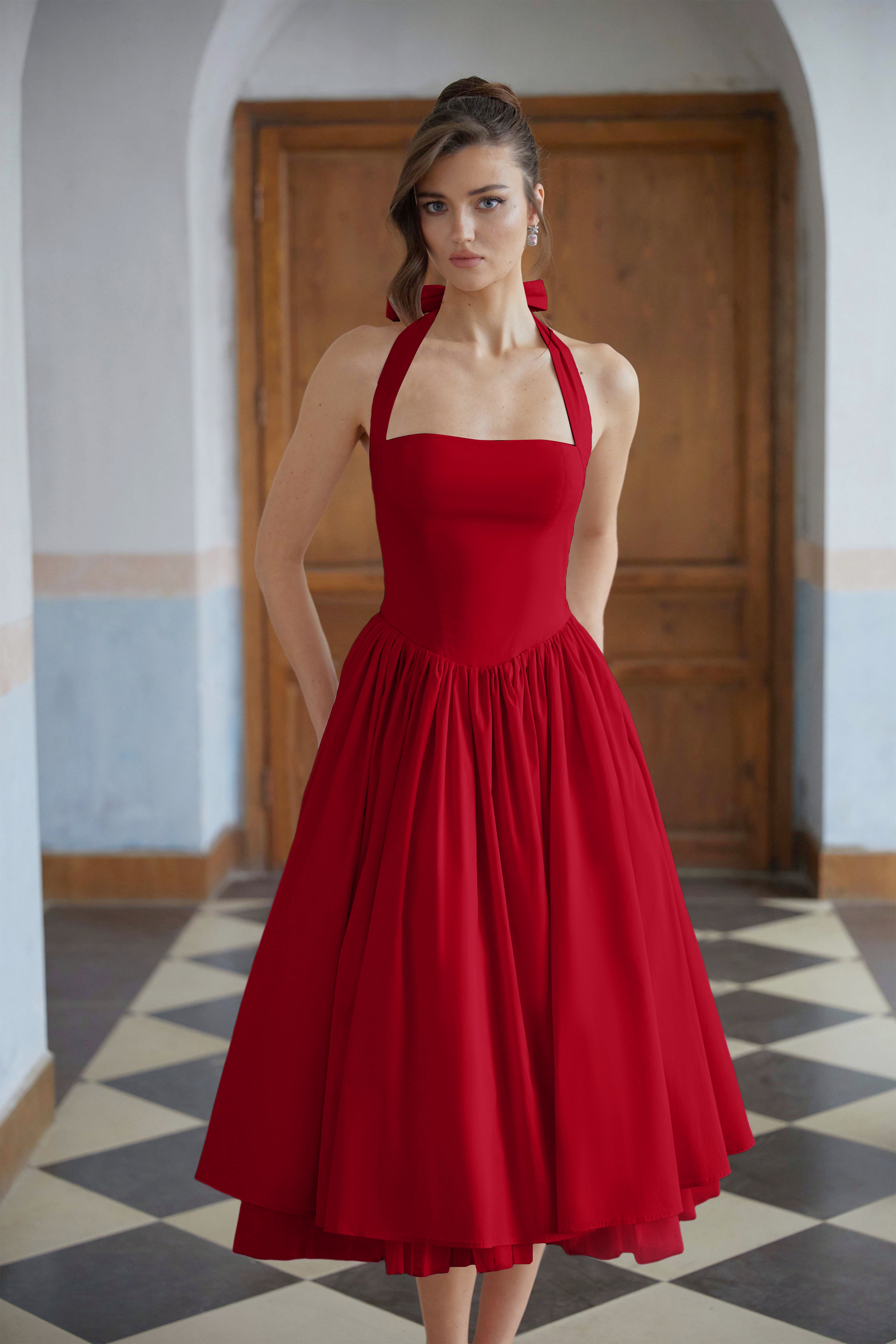 Eponine Rot Geschichtetes Midikleid mit ausgestelltem Saum