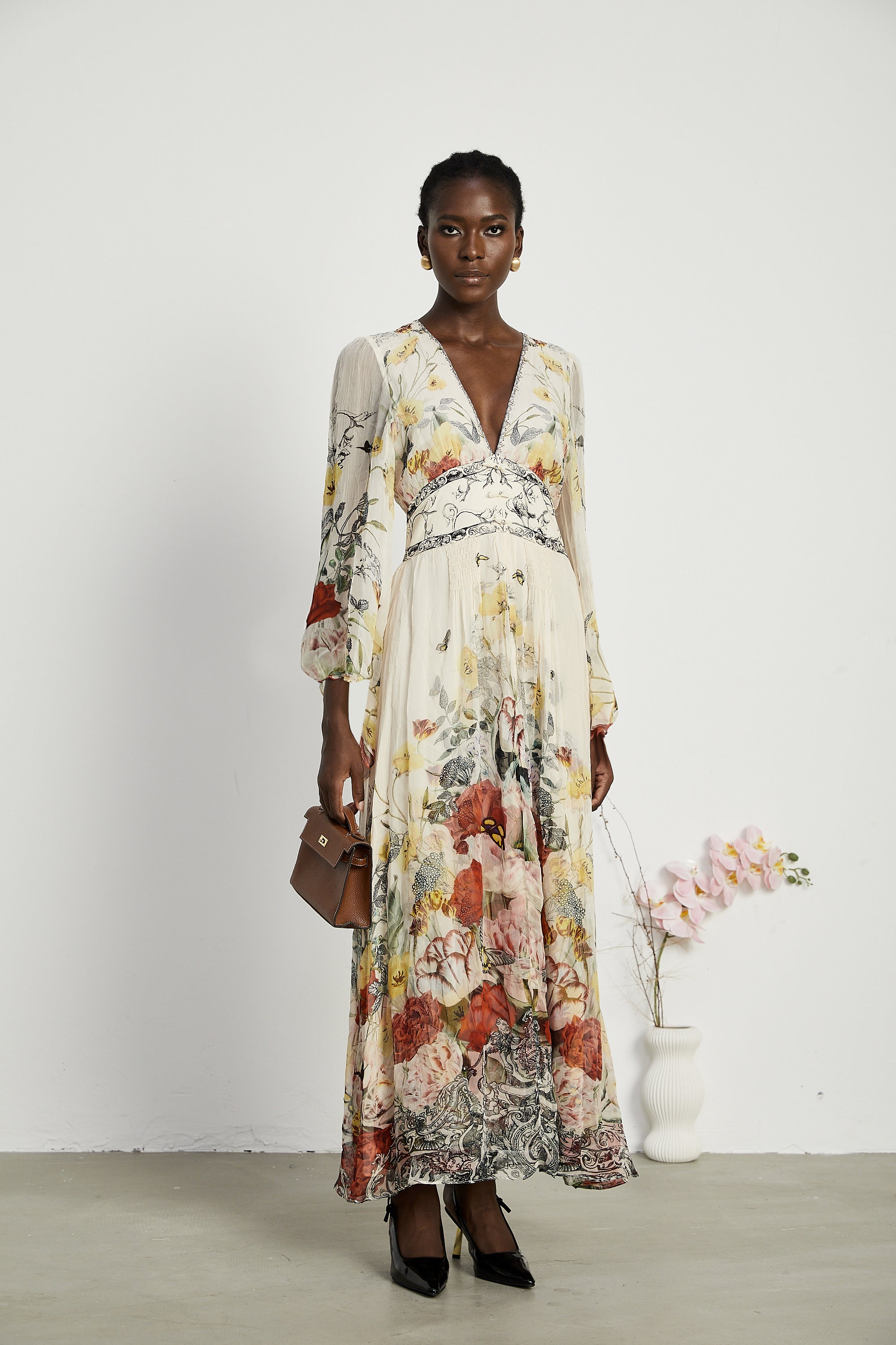 Cora elasticated-sleeve floral maxi dress