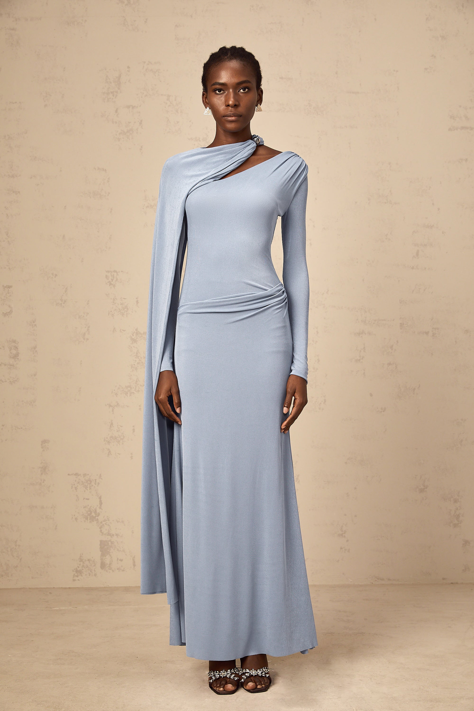 Josette Blue Diagonal Shawl Fitted Maxi Dress