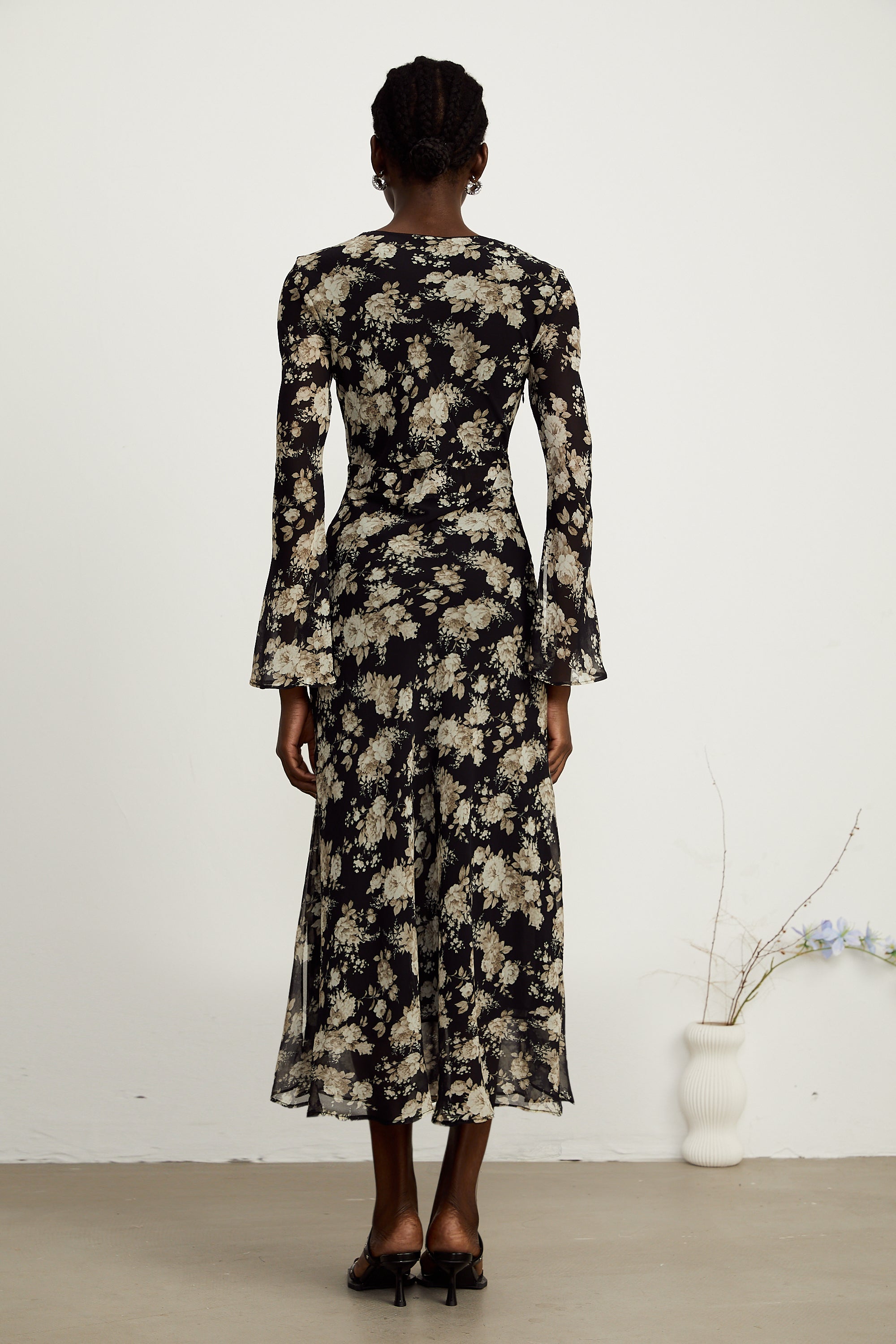 Hannah black floral-print flared midi dress