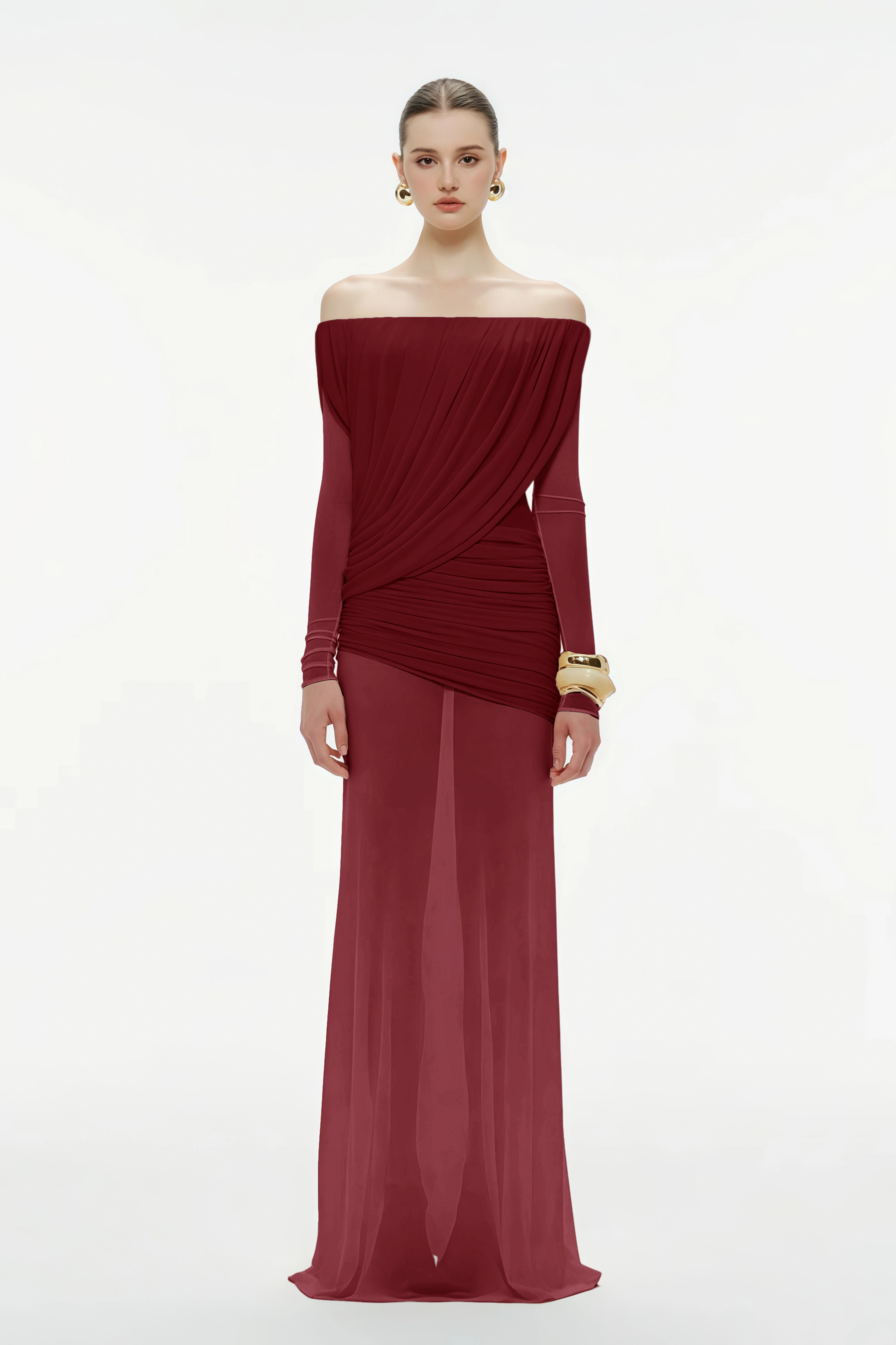 فستان زينوبيا البني ماكسي شبكي غير متماثل