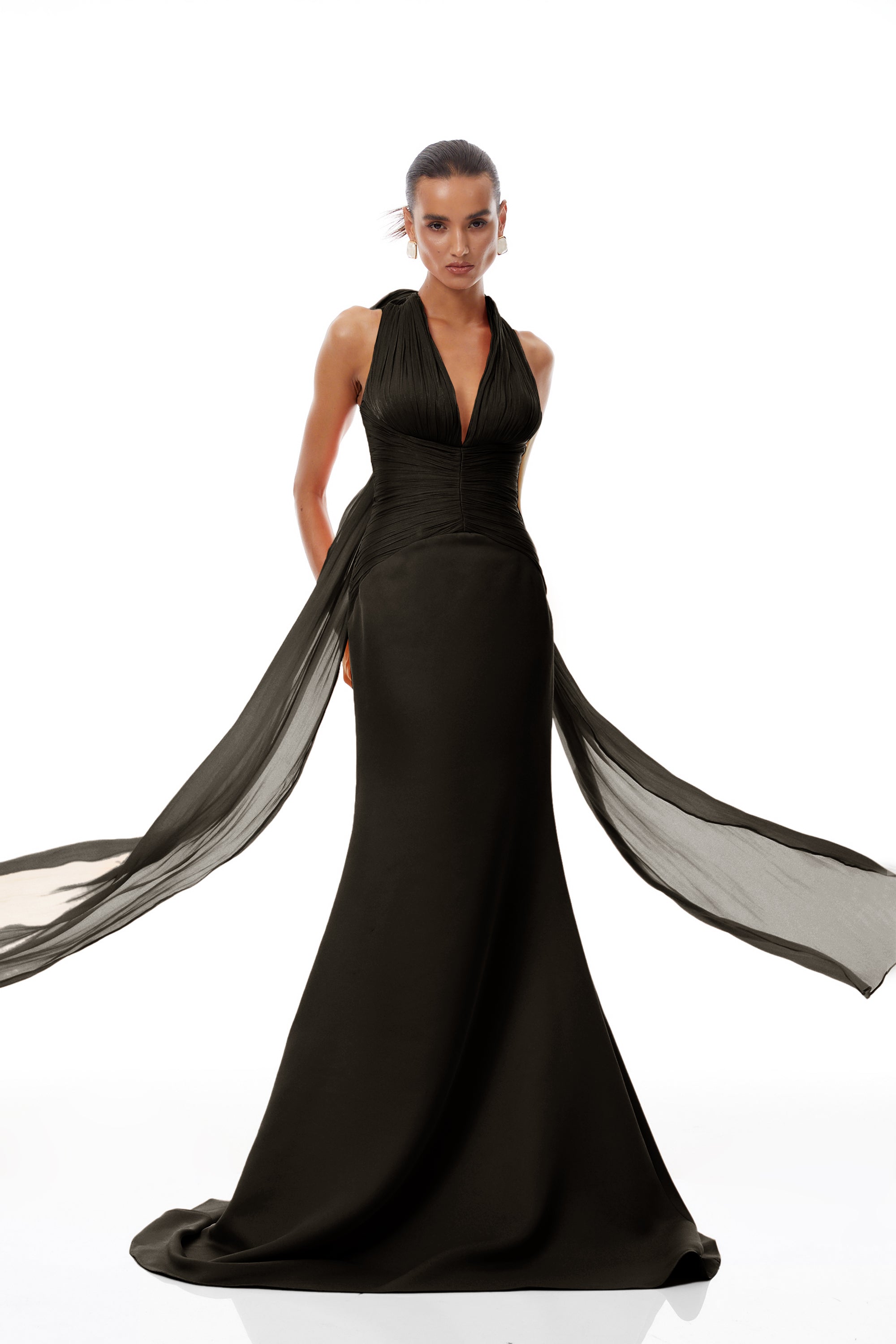 Emmeline Black Train Design Gathered Maxi Dress