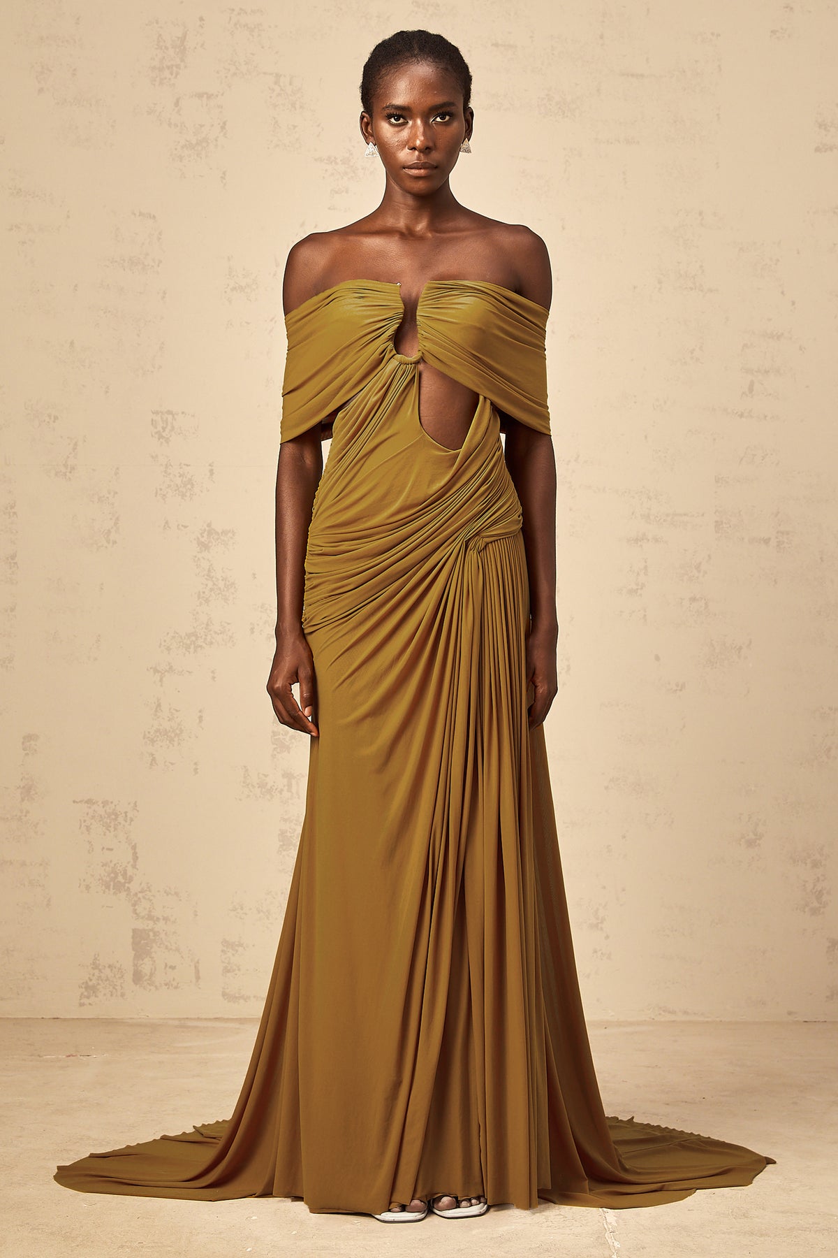 One Satin Gold Off Shoulder Ruched Thigh Split Dress Ludivine Ocher Off-shoulder Cut-out Ruched One Satin Gold Off Shoulder Ruched Thigh Split Dress Ludivine Ocher Off-shoulder Cut-out Ruched
