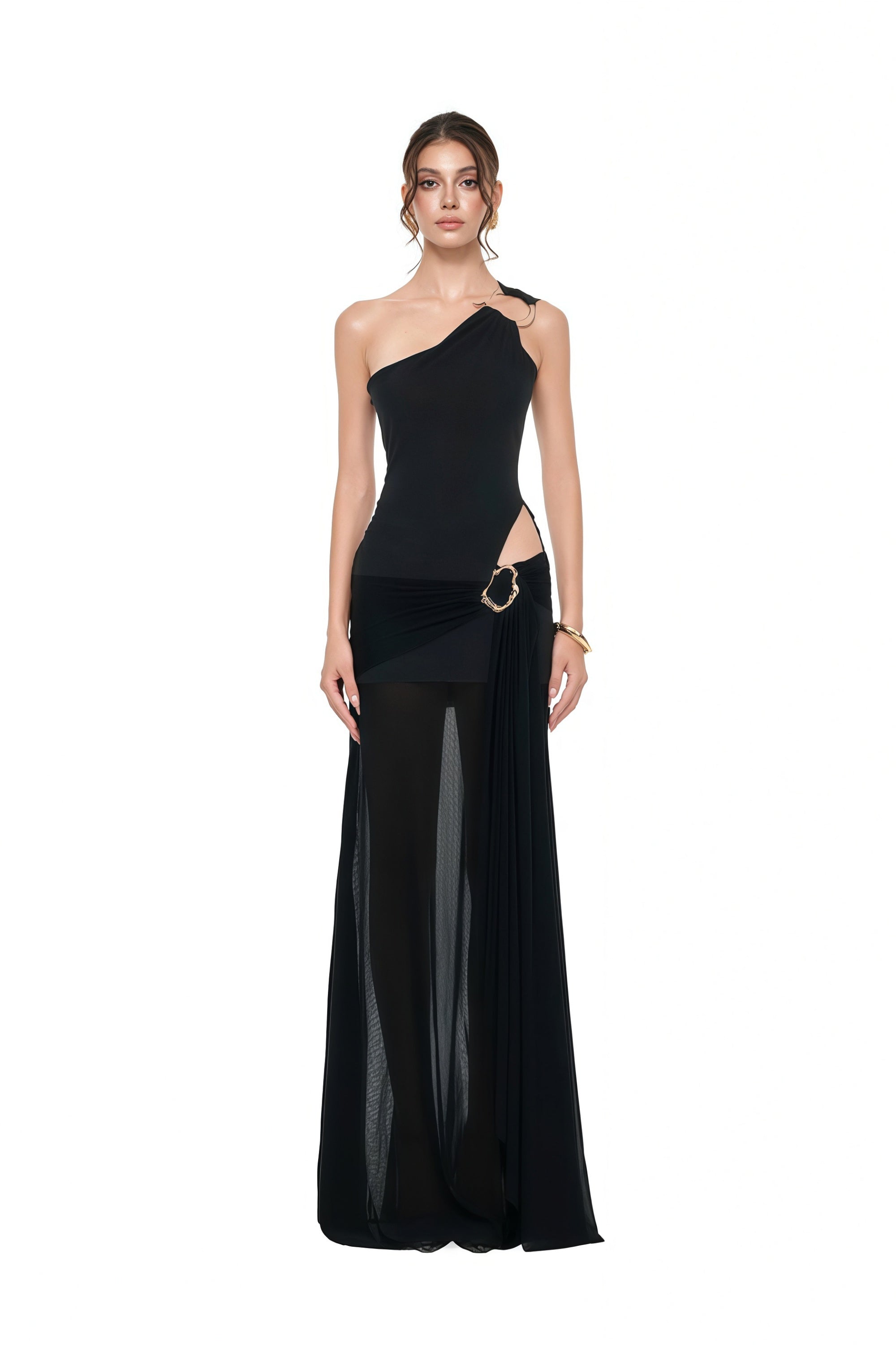 Tiziana Schwarzes Maxikleid mit One-Shoulder-Ausschnitt