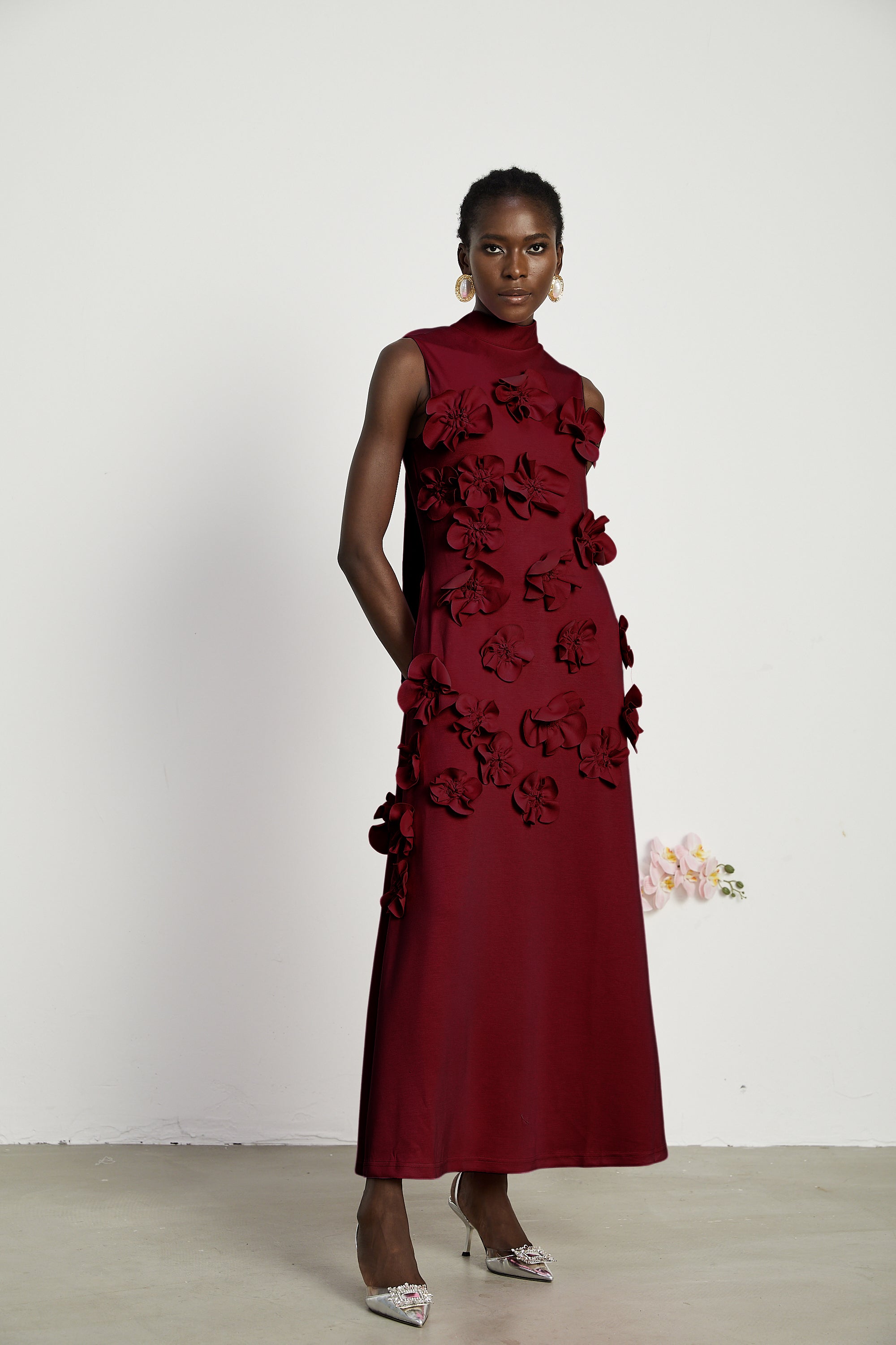 Magali bow-tie faux-flower embellished sleeveless maxi dress in Red