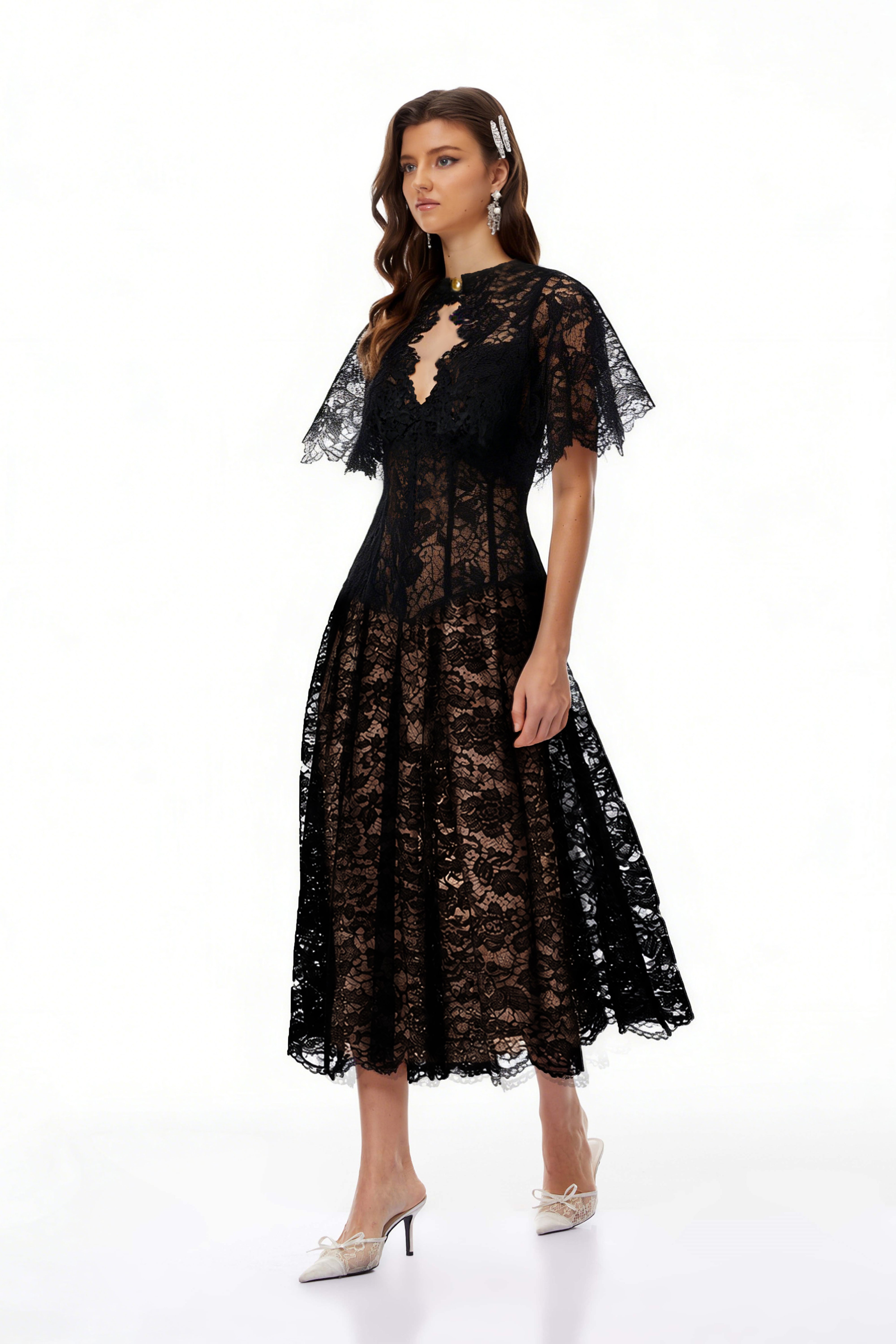 Alaia Black Cape Design Floral Lace Midi Dress (Final Sale-US Only)