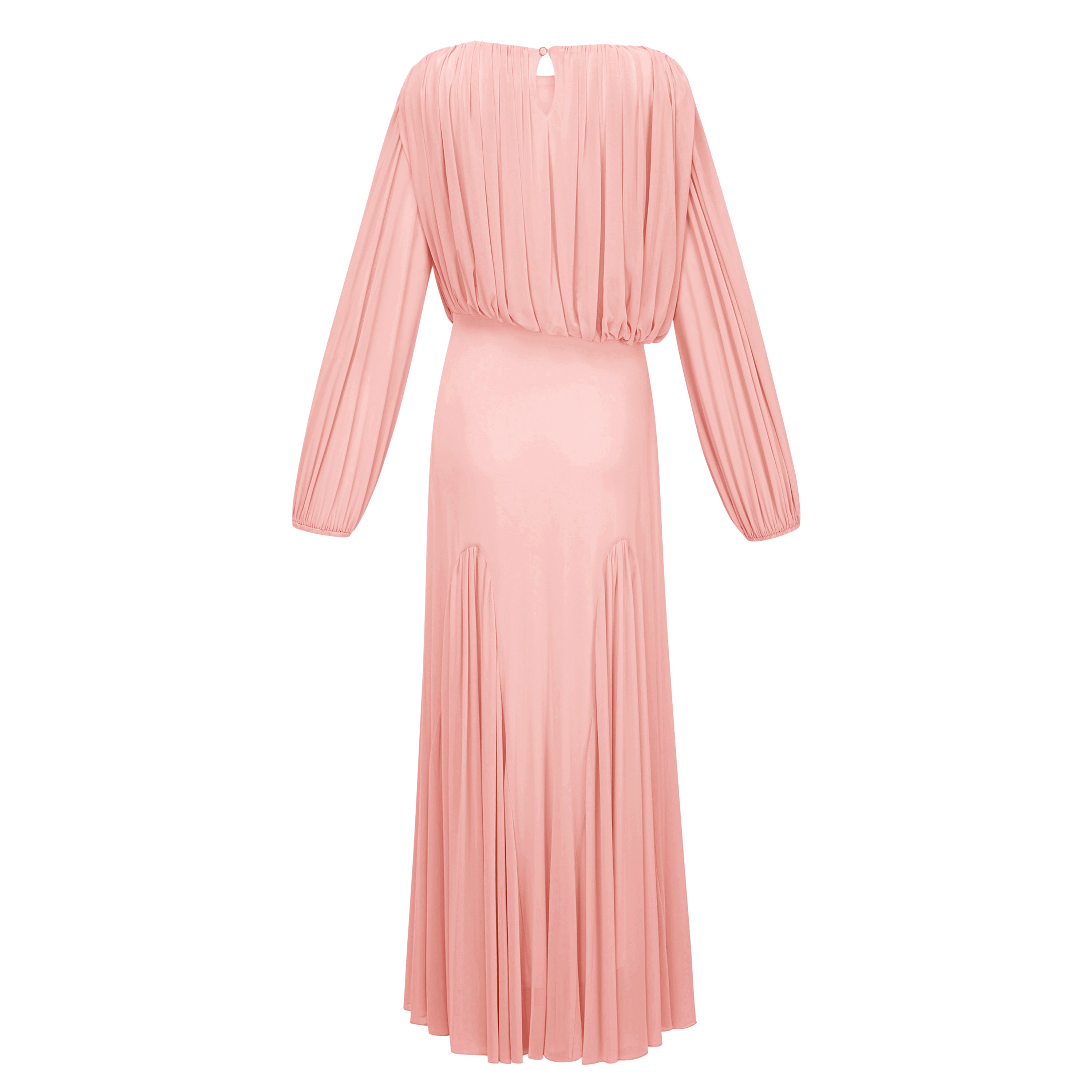 فستان طويل من أنابيل بلون وردي بأكمام واسعة ومطوي