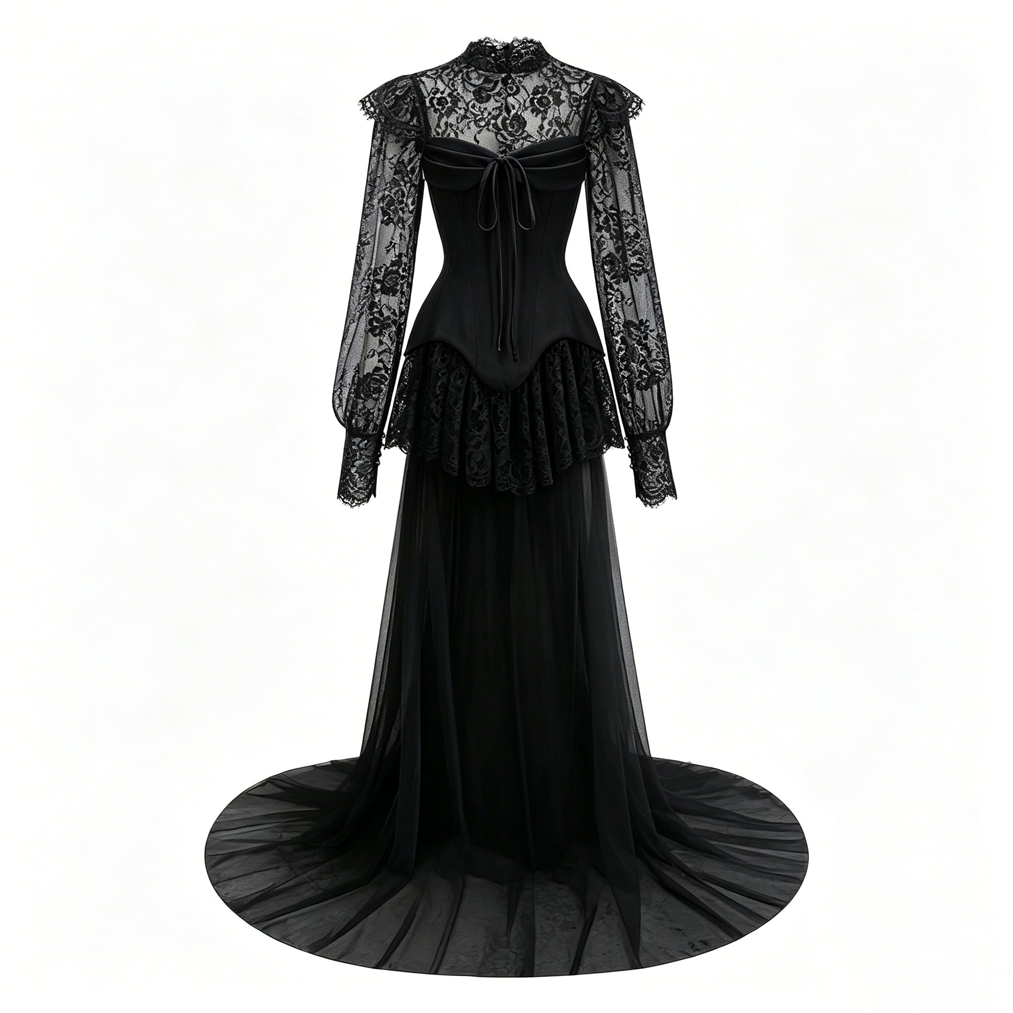 Michalina Black Lace Convertible Gown with Long Sleeves
