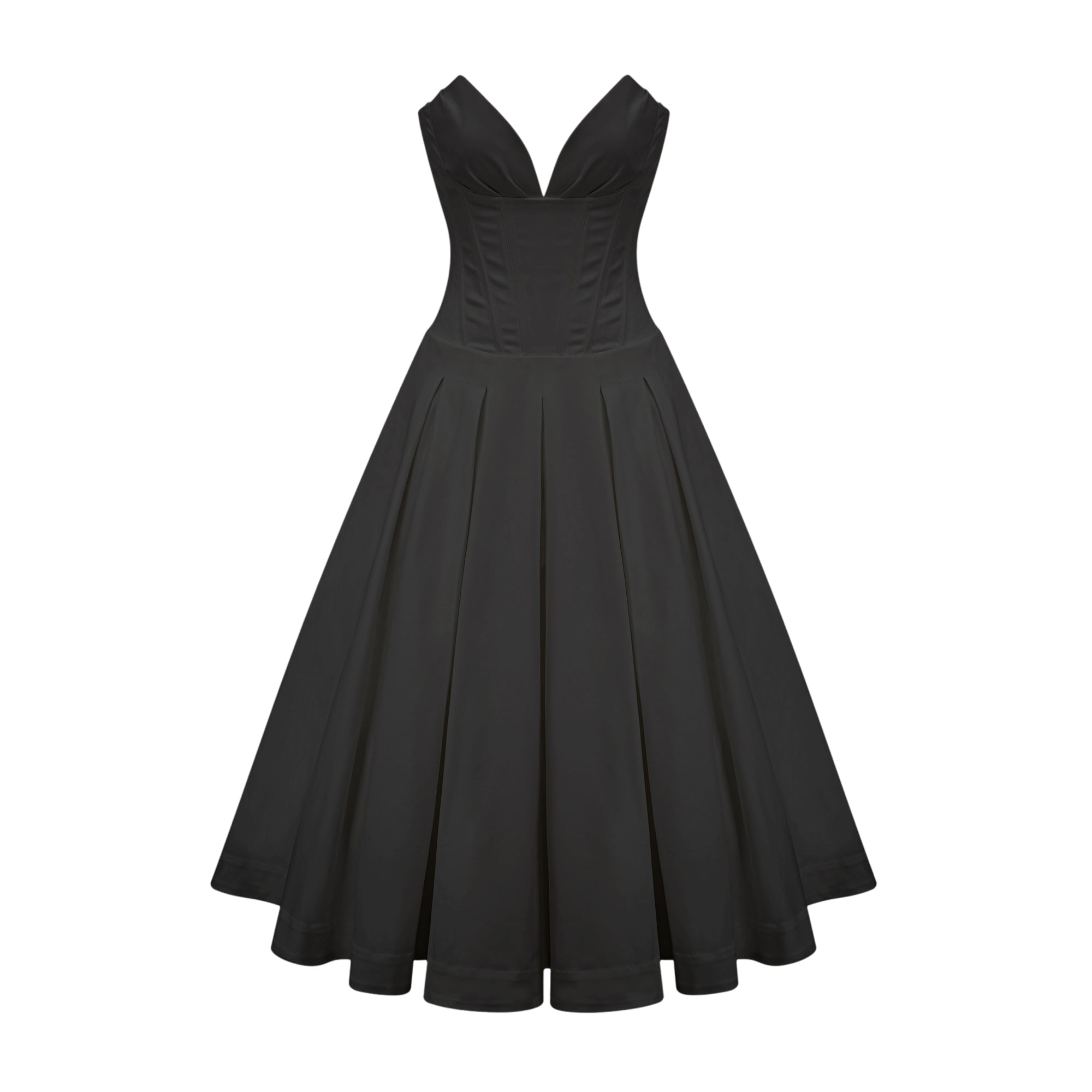 Katherine – schulterfreies Korsett-Midikleid in Schwarz