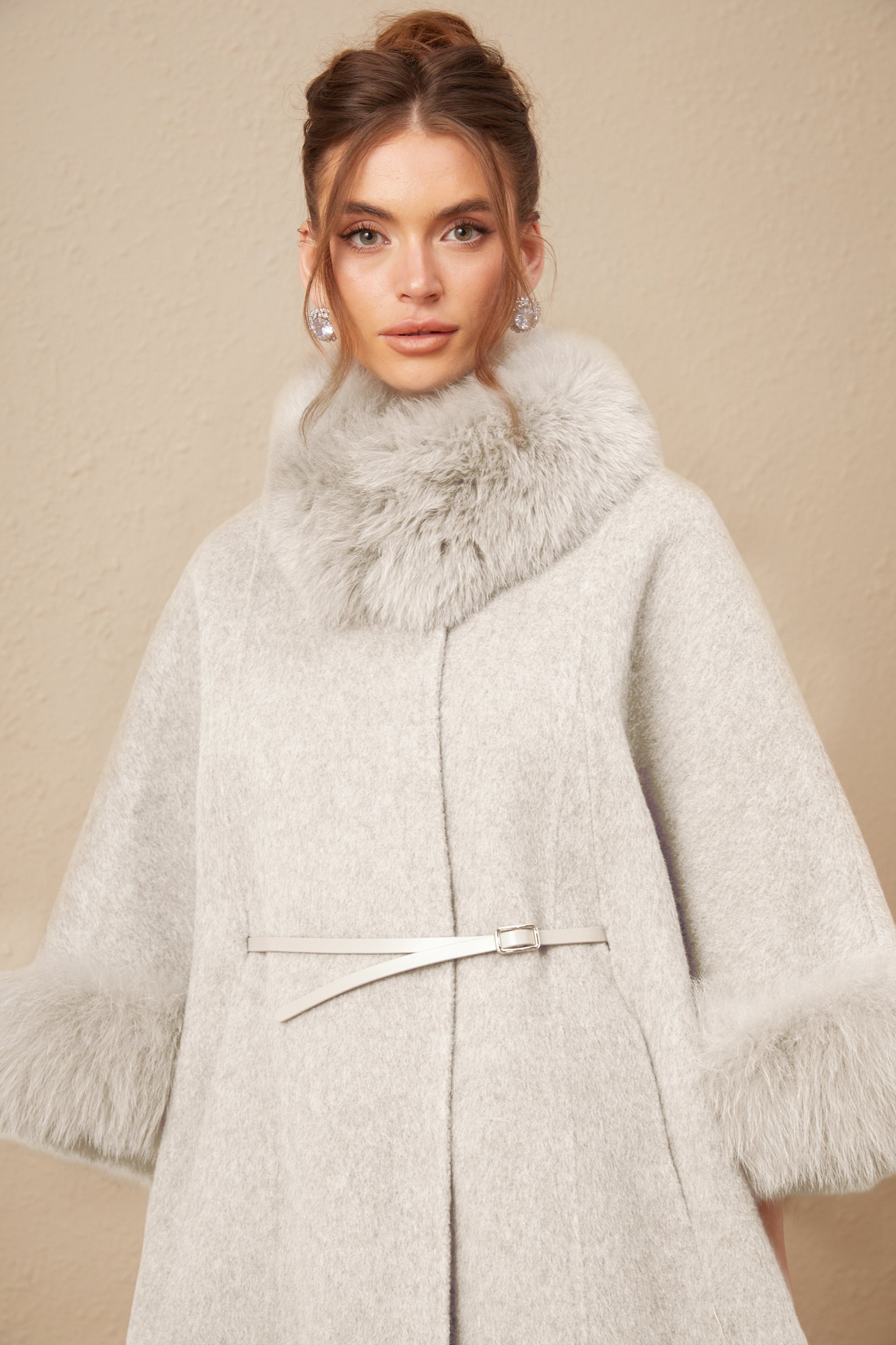 Chloris wool fur belted cape coat in White