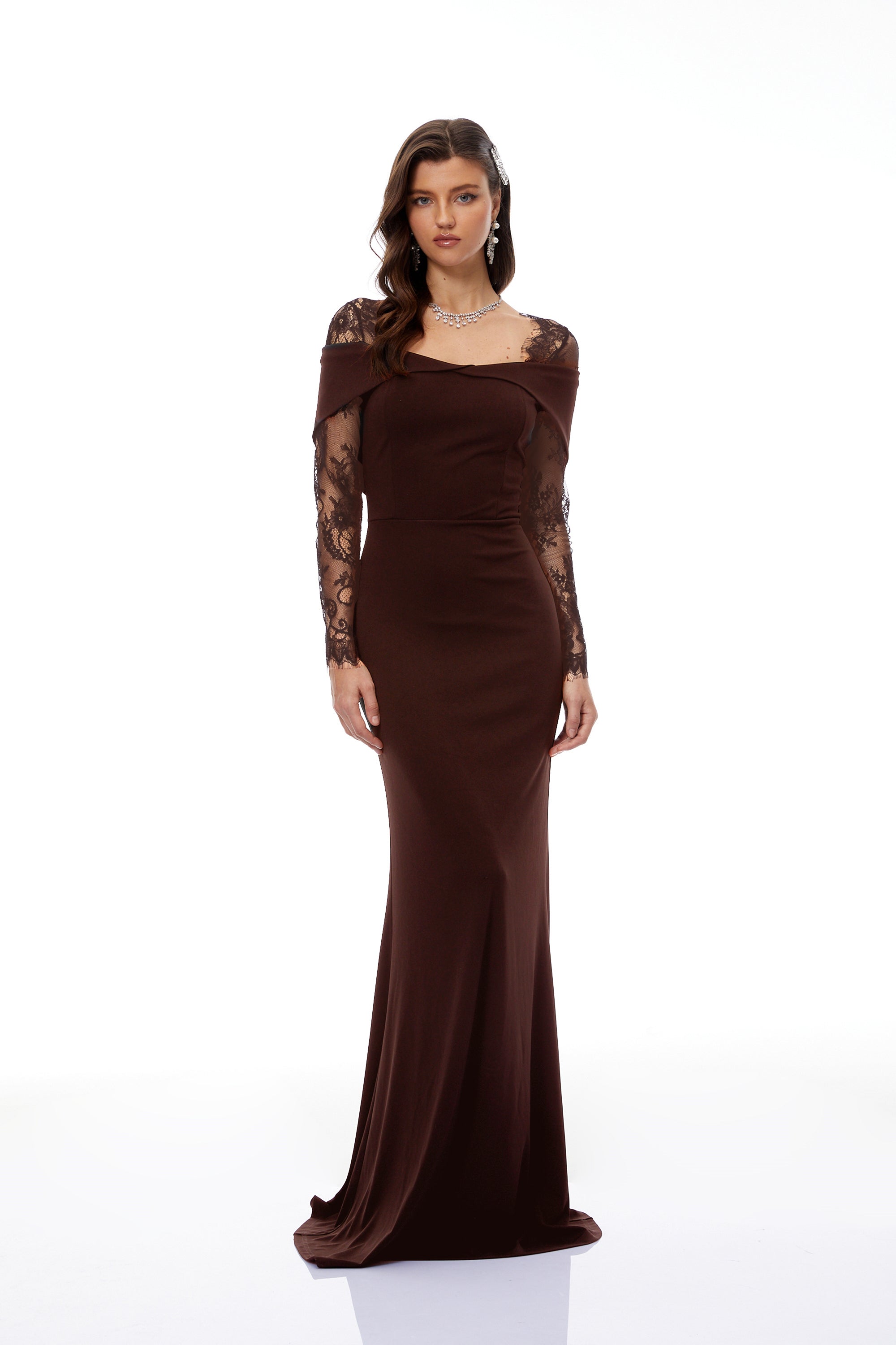 Brown Lace Panel Flared Maxi Gown