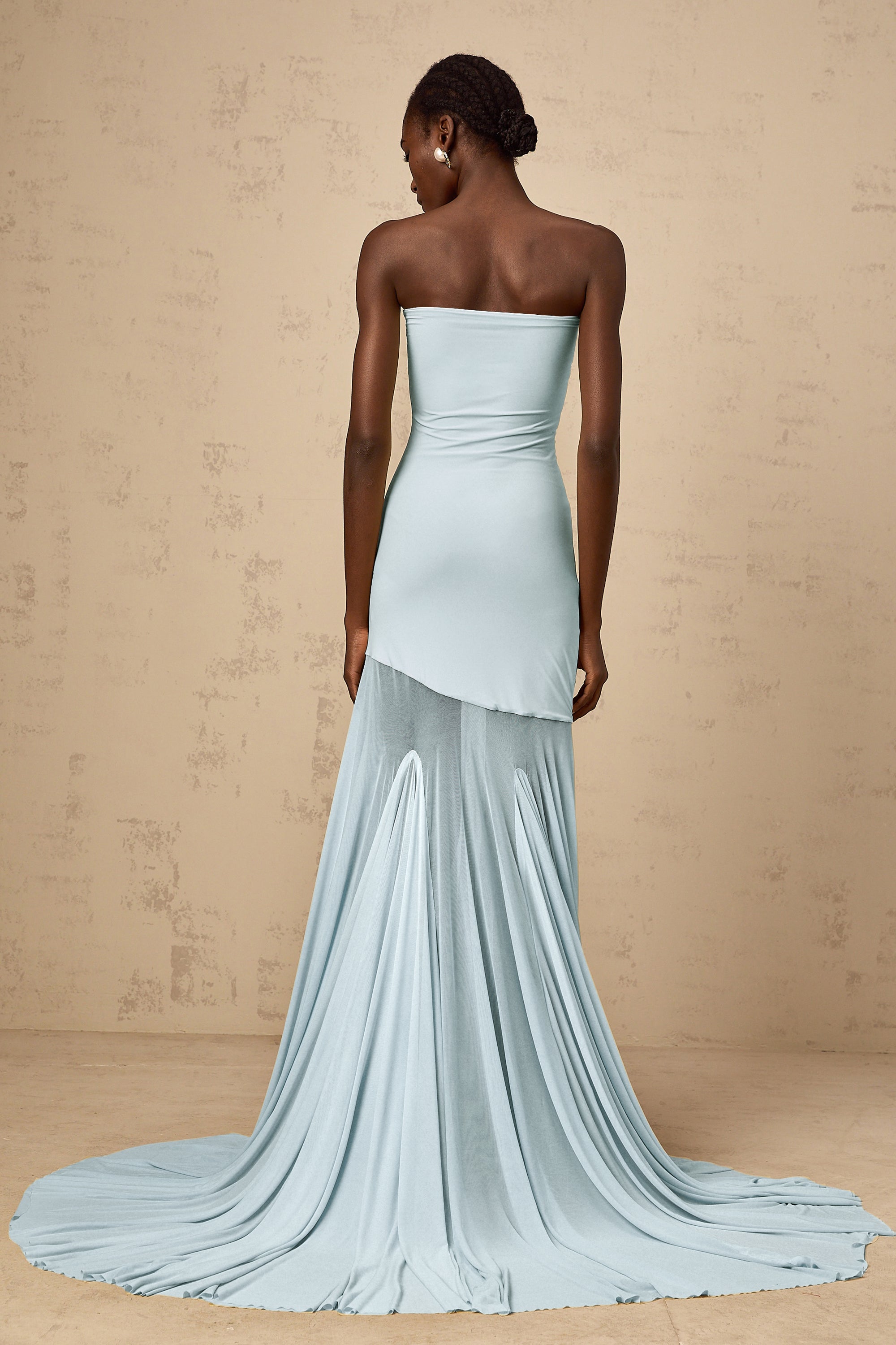 Josiane Blue Off-shoulder Sheer Tulle Maxi Dress