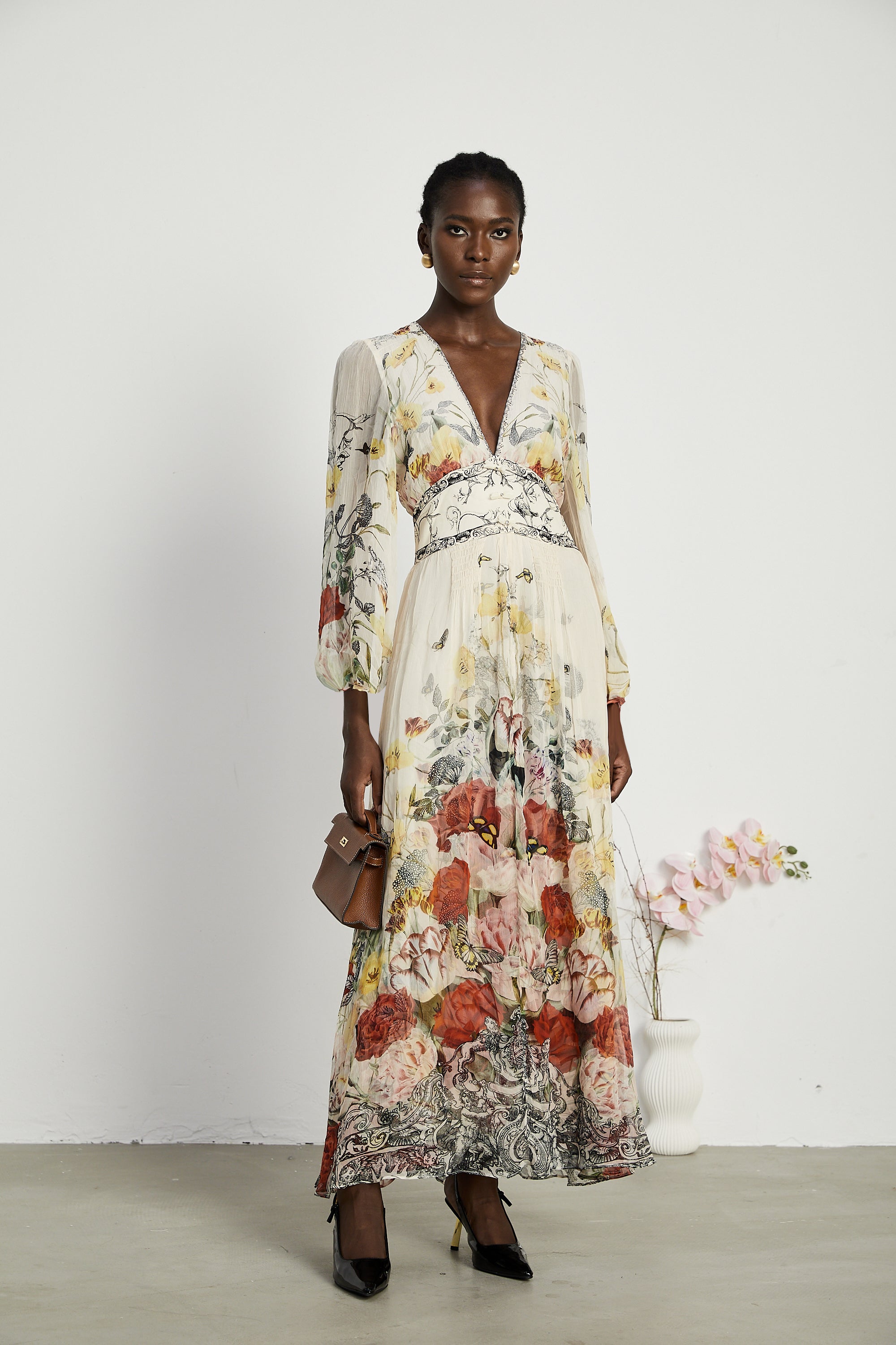 Cora elasticated-sleeve floral maxi dress