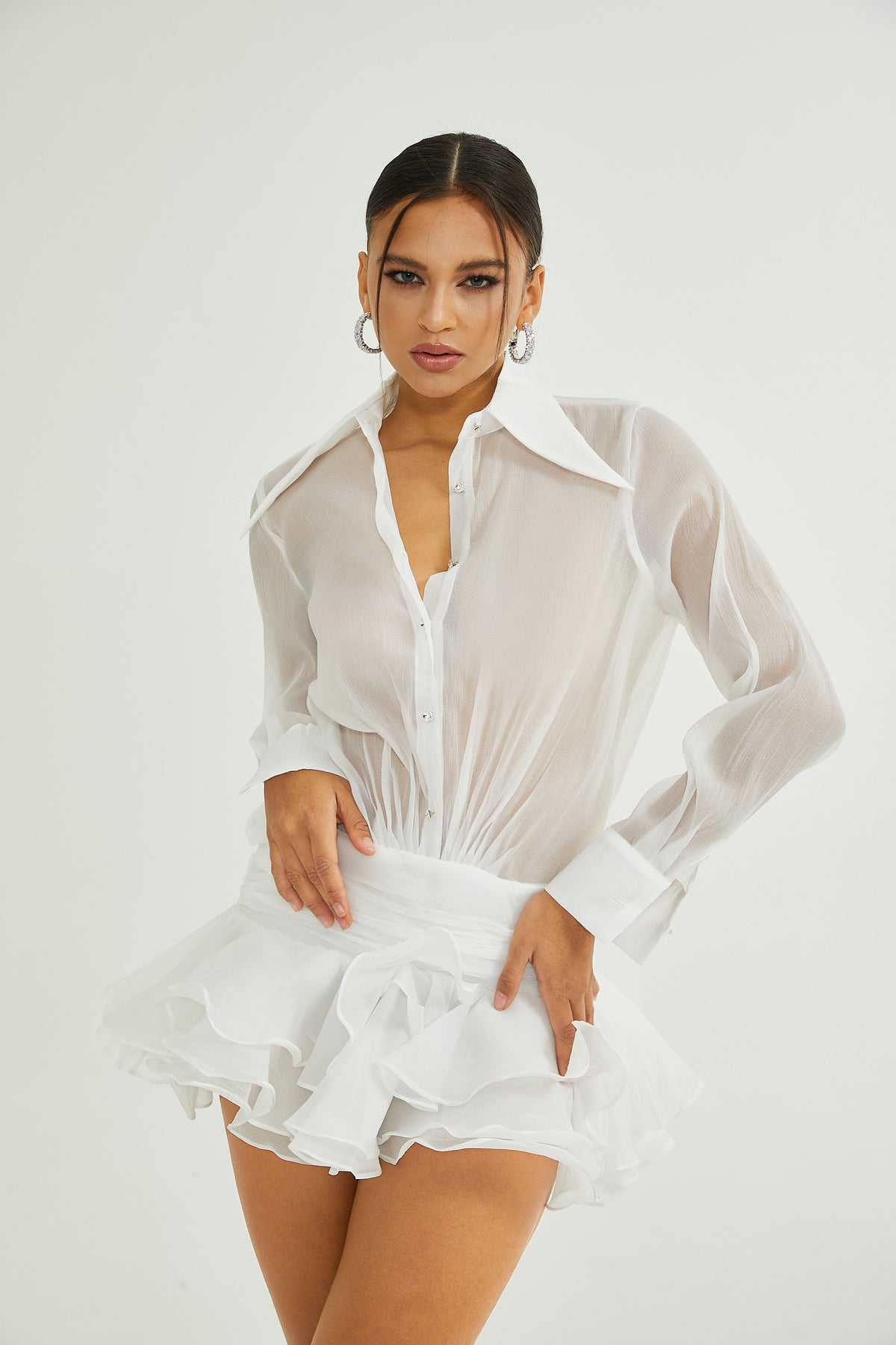 olive floral renee ruffle mini dress Renée white ruffled mini shirt dress