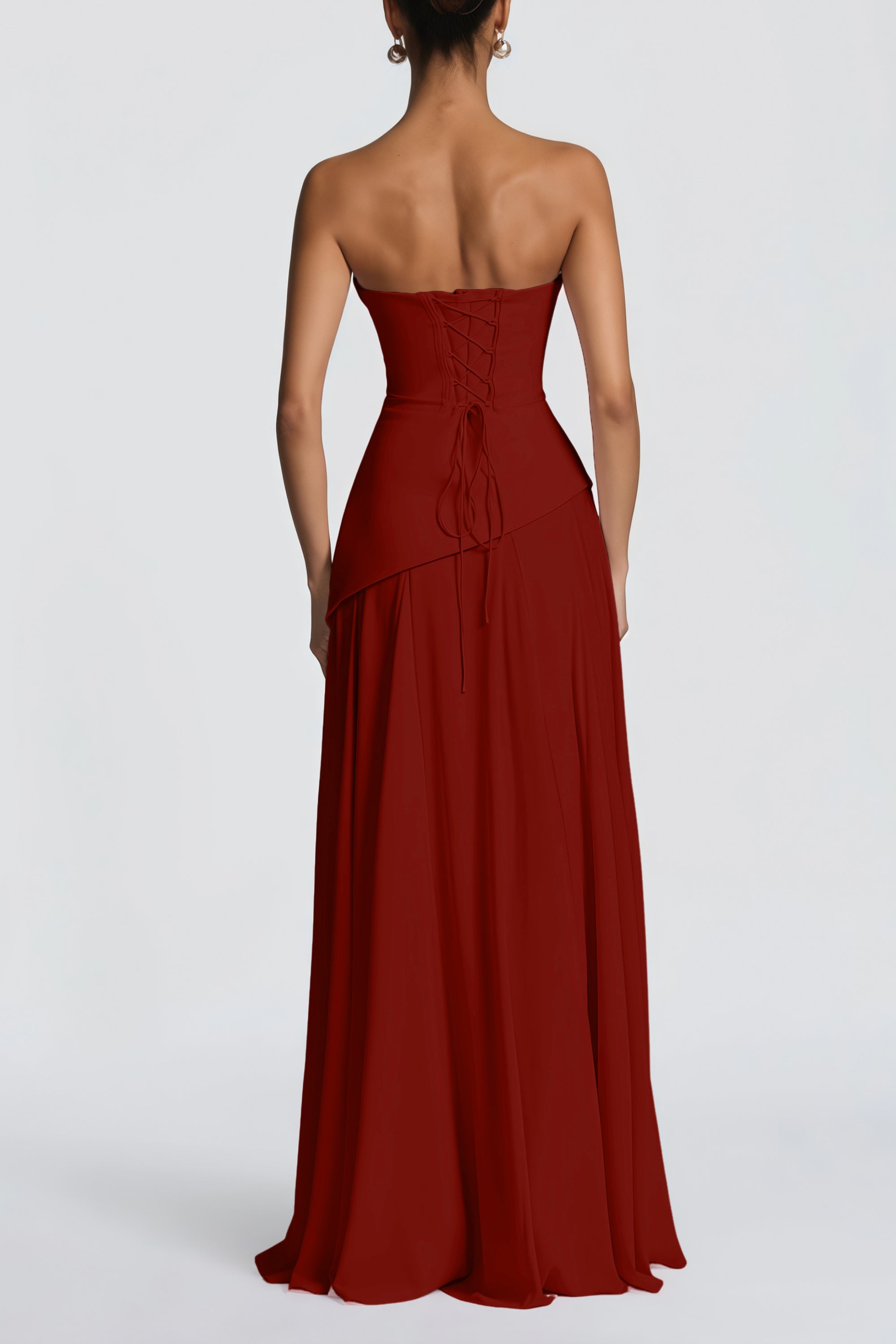 Romane Burgundy Strapless Corset Chiffon Maxi Dress