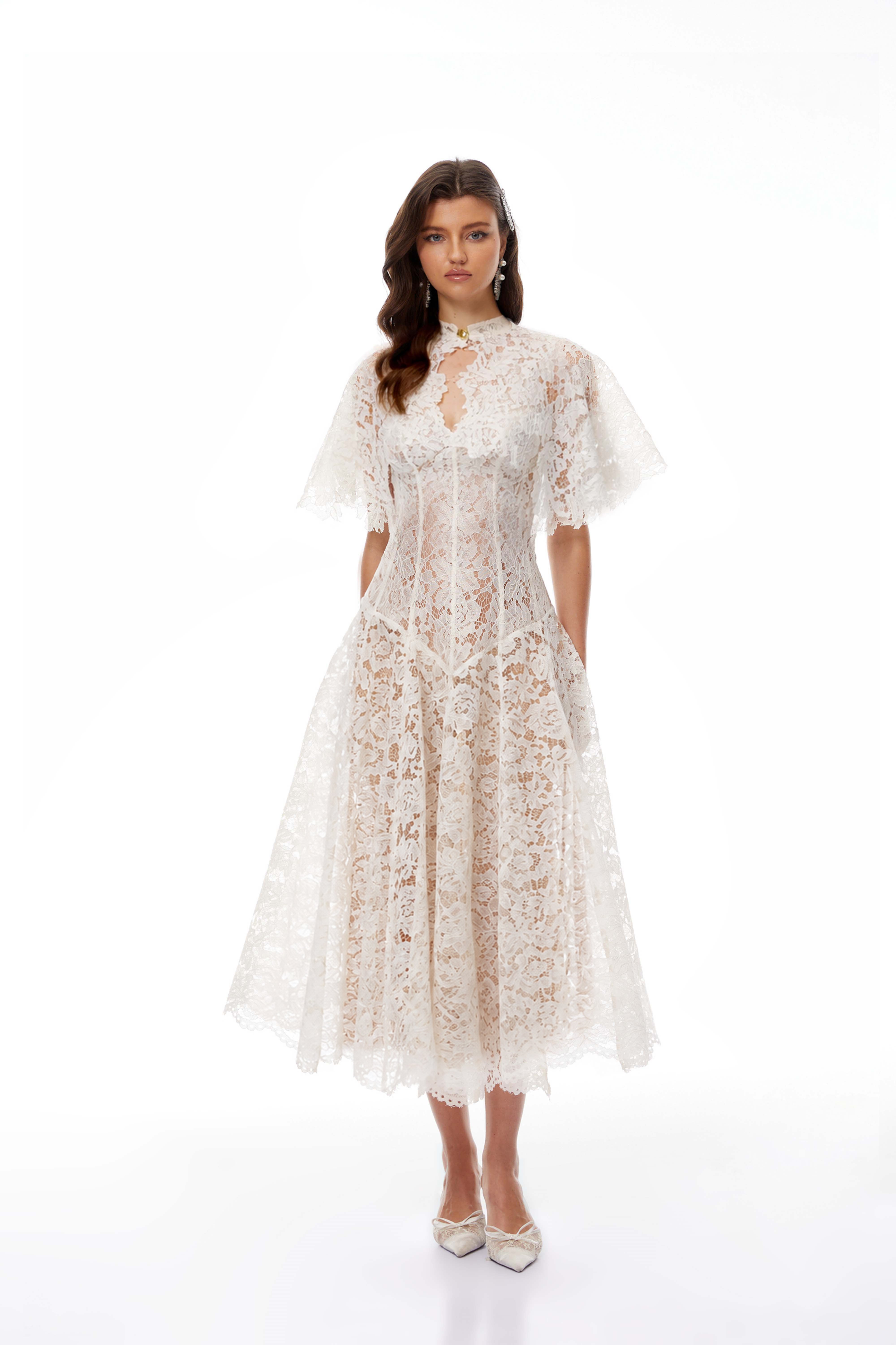 Alaia White Cape Design Floral Lace Midi Dress (Final Sale-US Only)