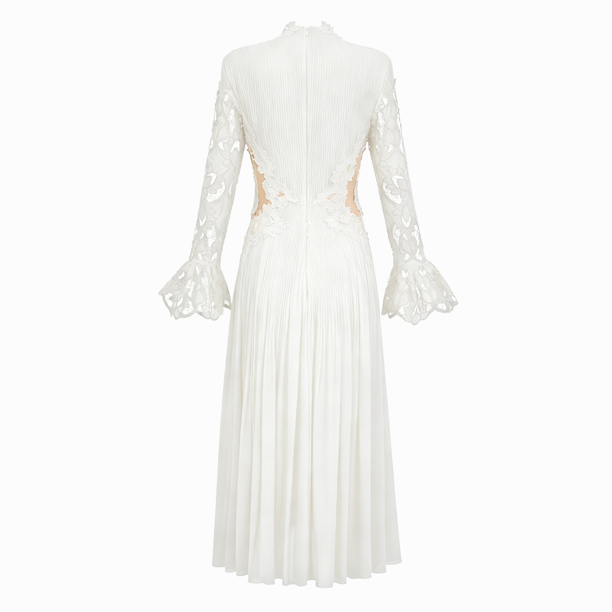 Chiara White Lace Panel Pleated Midi Dress